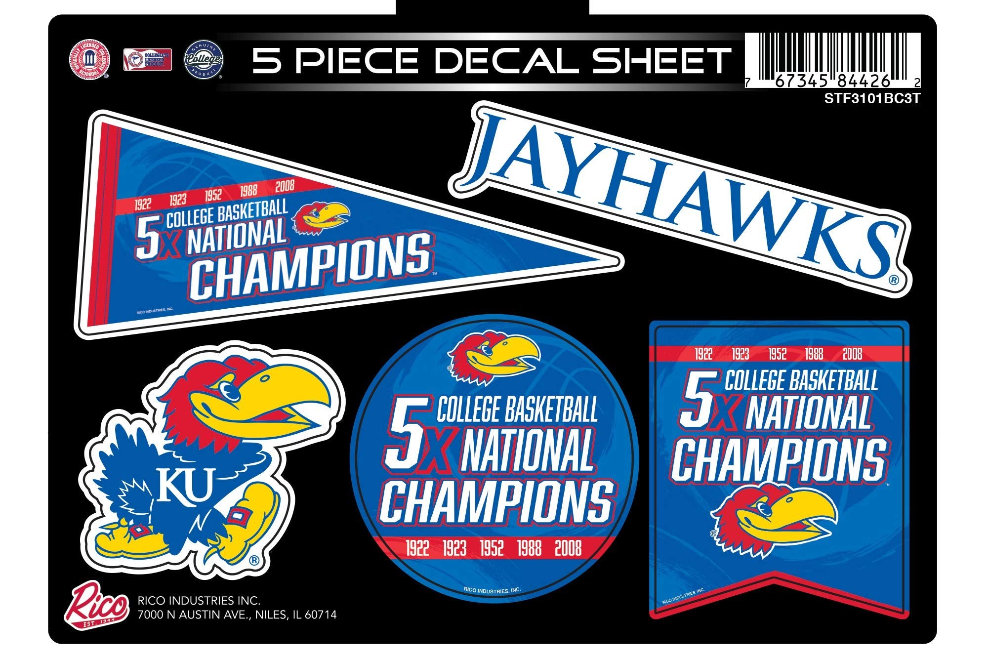 University of Kansas Jayhawks 5-Time Stanley Cup Champions Die Cut Vinyl Decal Sticker Set, 5x7 Inch Sheet, Multi 5-Piece, Easy Peel and Stick Application, Full Adhesive Backing, Officially Licensed, Made in USA