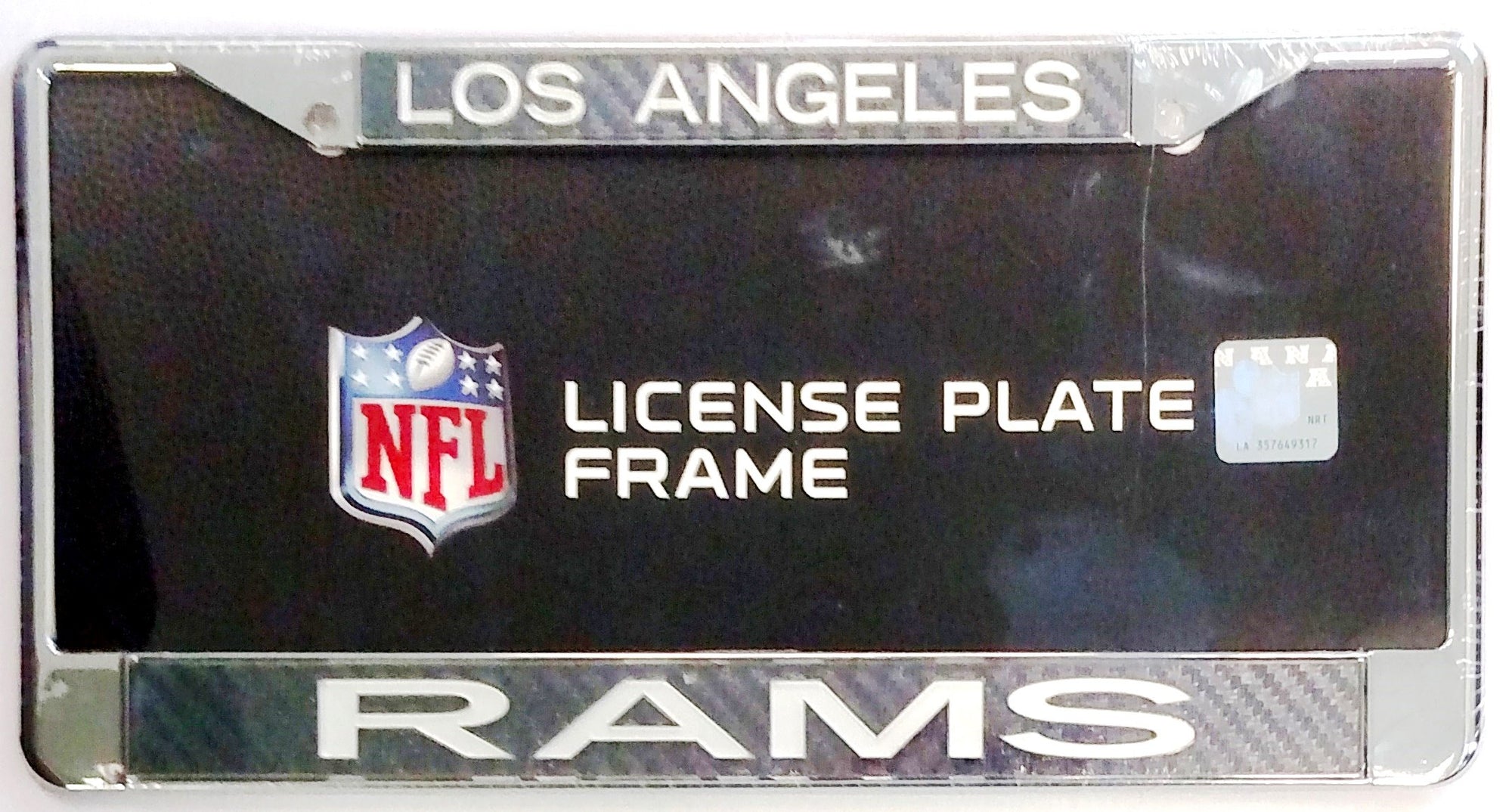 Los Angeles Rams Metal License Plate Frame Chrome Tag Cover, Laser Cut Carbon Fiber Design Inserts, 12x6 Inch, Pre-Drilled Holes, Officially Licensed