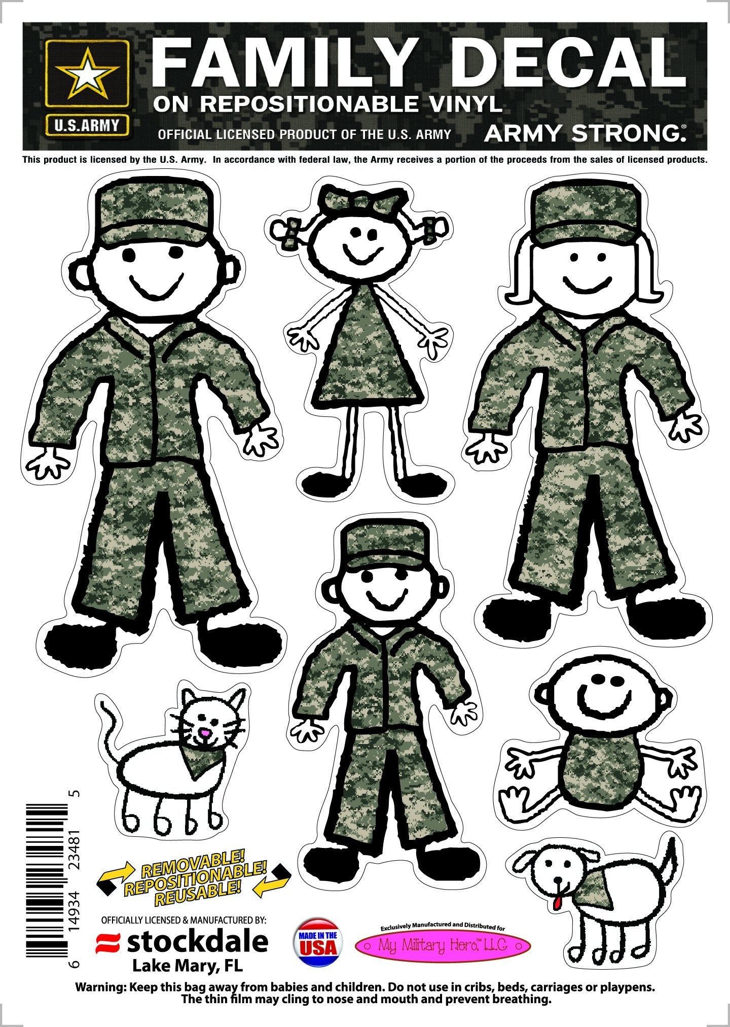 United States Army Military 5 Inch Die Cut Sticker Decal Family Sheet, Flat Vinyl Reusable, Full Adhesive Backing, Peel and Stick Application, Officially Licensed, Made in the USA