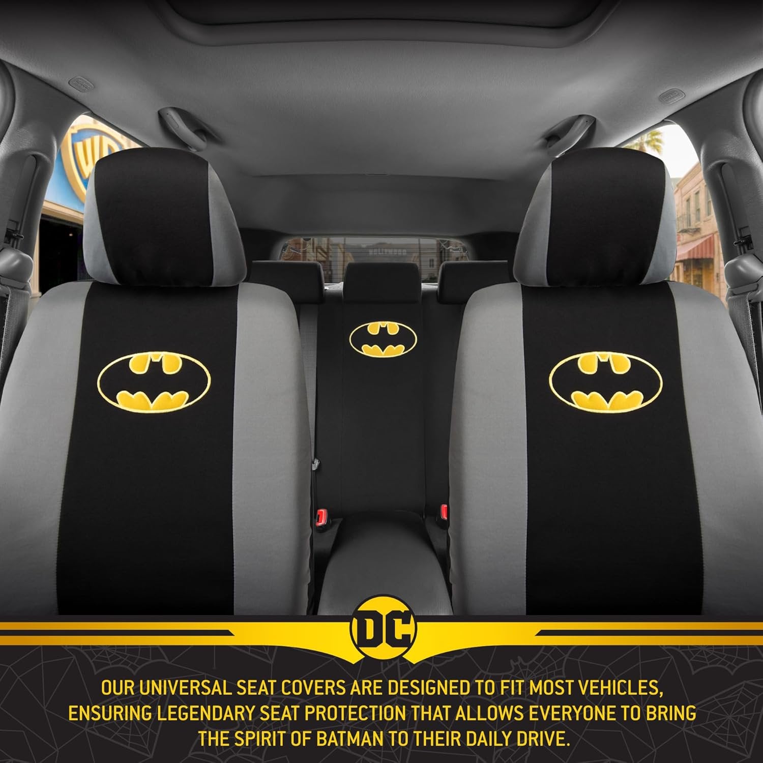 Warner Bros DC Comics Batman Car Accessories 9pc Set, Universal Fit Car Seat Covers and Head Rests with Side Airbag Compatibility, Front & Rear Seats, Officially Licensed