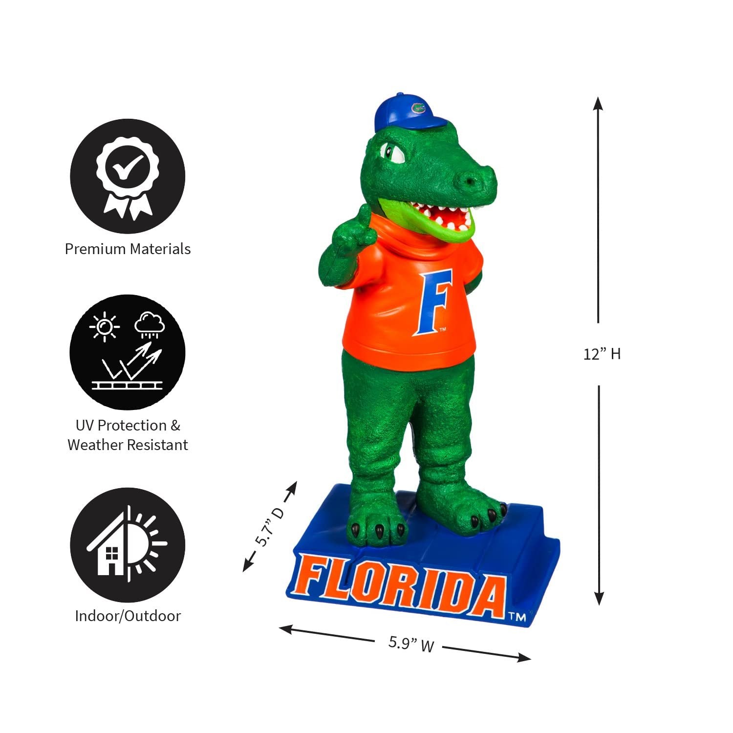 University of Florida Gators Team Mascot Garden Statue, Hand Painted Resin, 12 Inch, Indoor Outdoor Decorative Sports Mascot, Officially Licensed