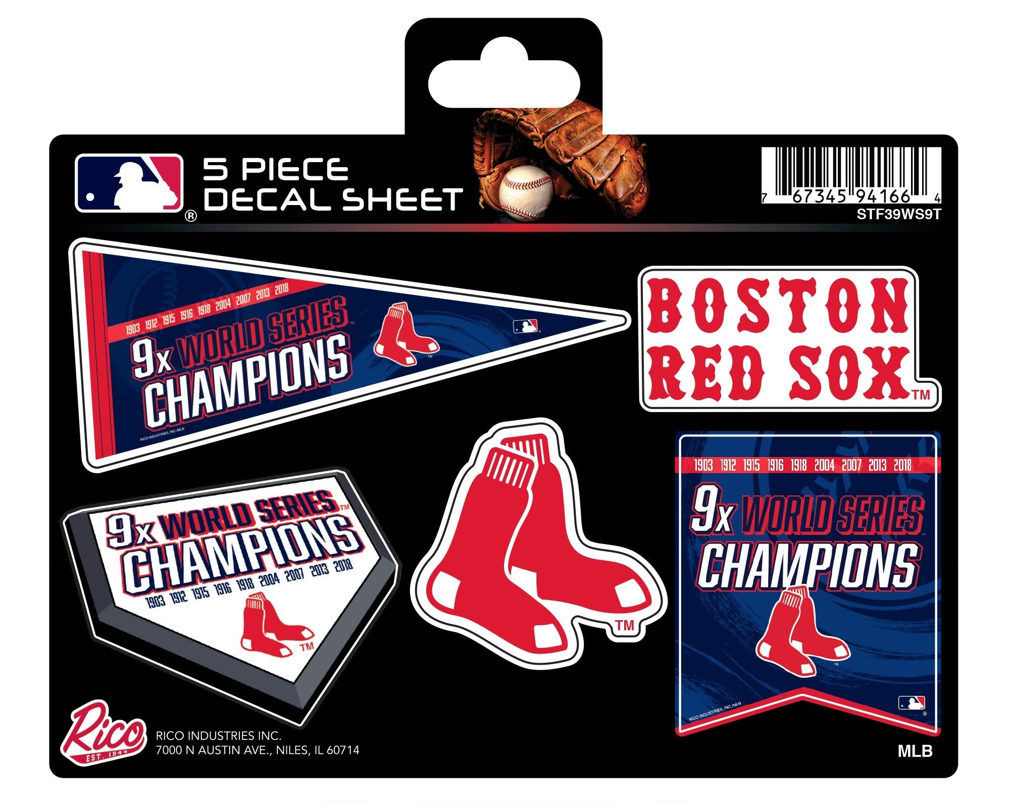 Boston Red Sox 9-Time Champions Die Cut Vinyl Decal Sticker Set, 5x7 Inch Sheet, Multi 5-Piece, Easy Peel and Stick Application, Full Adhesive Backing, Officially Licensed, Made in USA