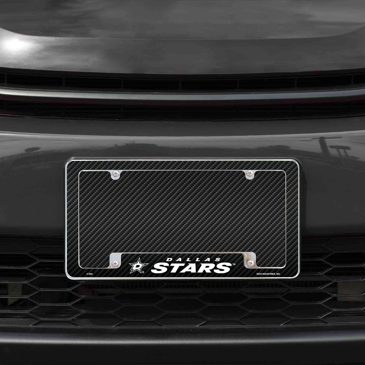 Dallas Stars Chrome Tag Cover Metal License Plate Frame, Carbon Fiber Design, 12x6 Inch, Pre-Drilled Holes, Officially Licensed