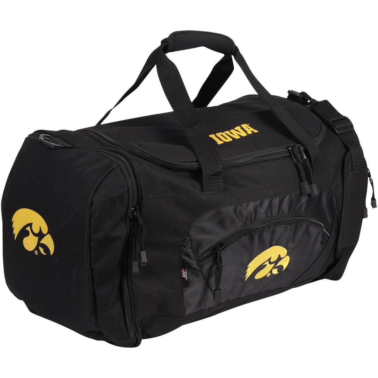 University of Iowa Hawkeyes Premium Duffel Bag 20x12x11 Inch, Team Color, Heavy Duty, Black Roadblock Design, Embroidered Logo