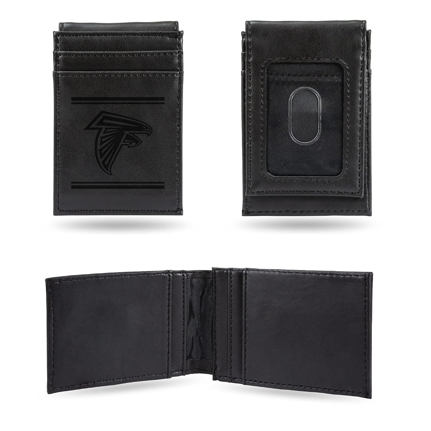 Atlanta Falcons Premium Black Leather Wallet, Front Pocket Magnetic Money Clip, Laser Engraved, Vegan
