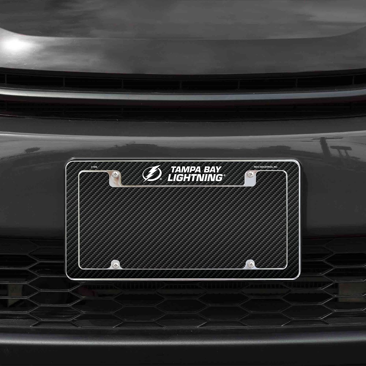 Tampa Bay Lightning Chrome Tag Cover Metal License Plate Frame, Carbon Fiber Design, 12x6 Inch, Pre-Drilled Holes, Officially Licensed