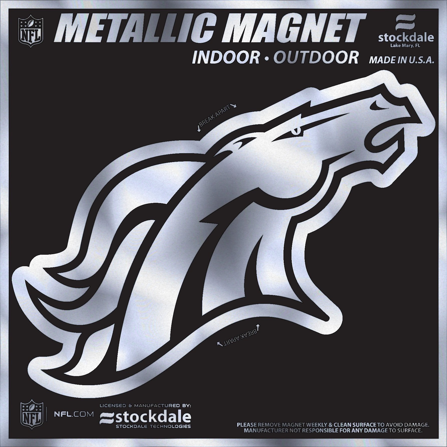 Denver Broncos 12 Inch Magnet, Chrome Metallic Shimmer Design, Vinyl Die Cut, Auto Home, Heavy Duty, Officially Licensed