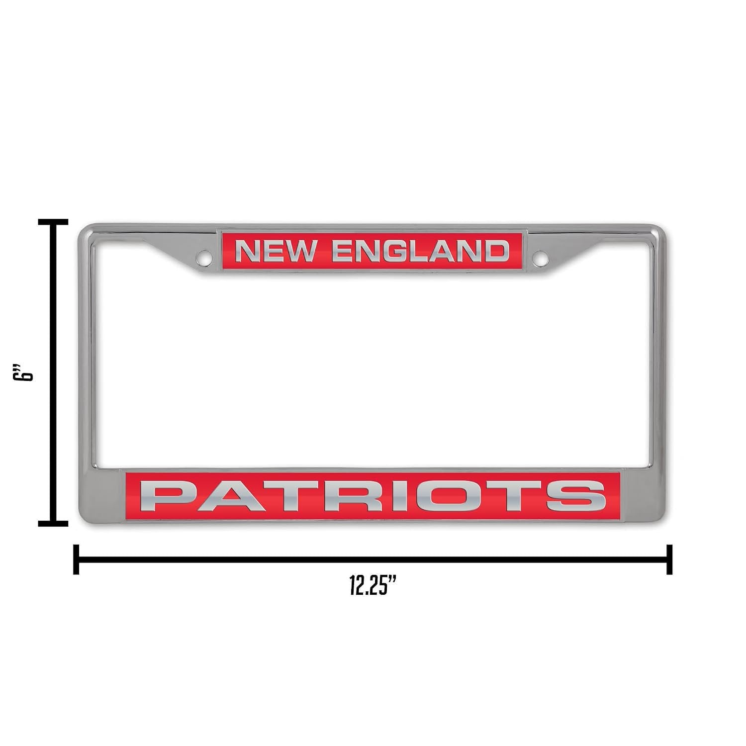 New England Patriots Metal License Plate Frame Chrome Tag Cover, Laser Acrylic Mirrored Inserts, 12x6 Inch