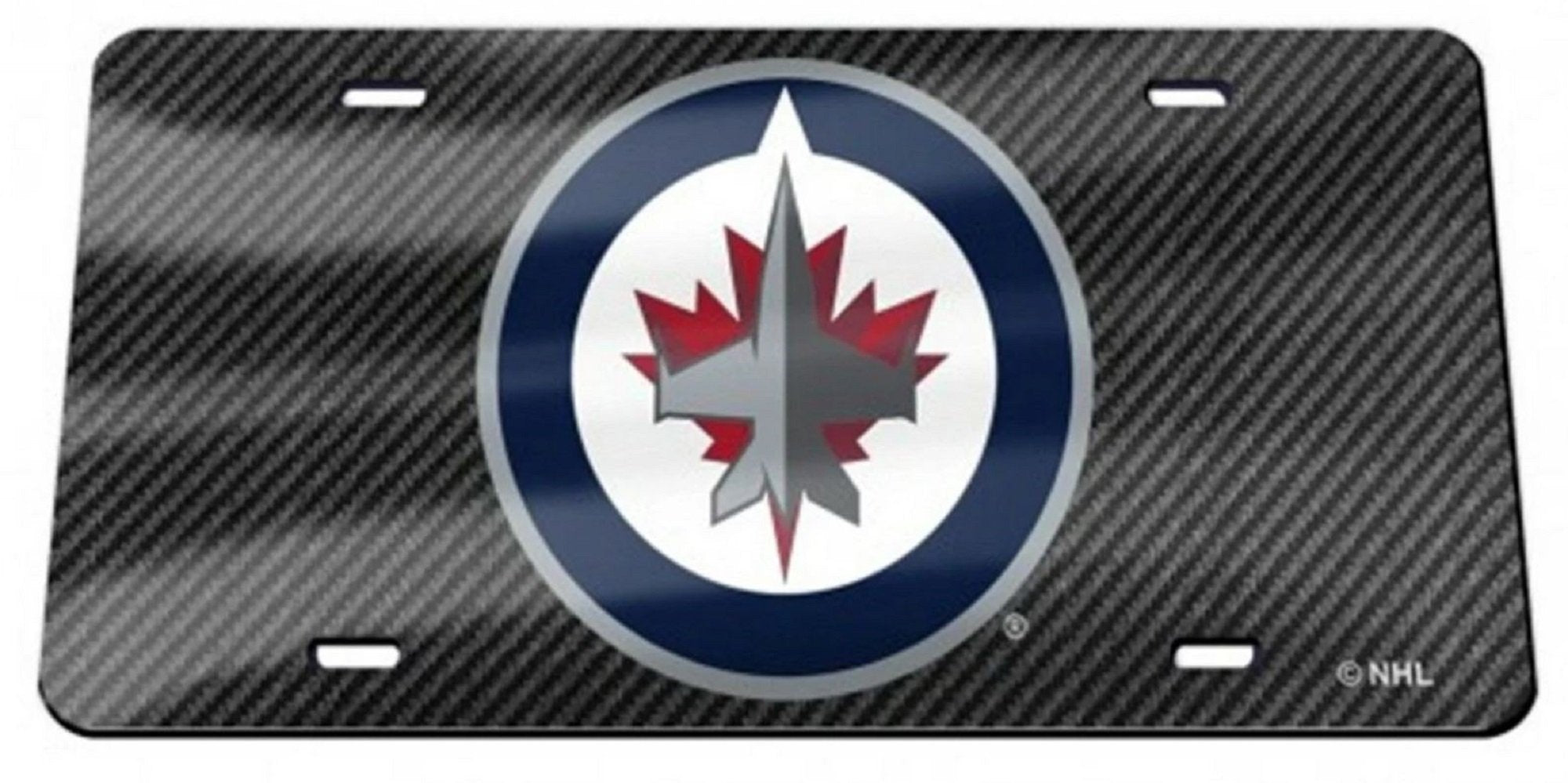 Winnipeg Jets Premium Laser Cut Tag License Plate, Carbon Fiber Design, Mirrored Acrylic Inlaid, 12x6 Inch