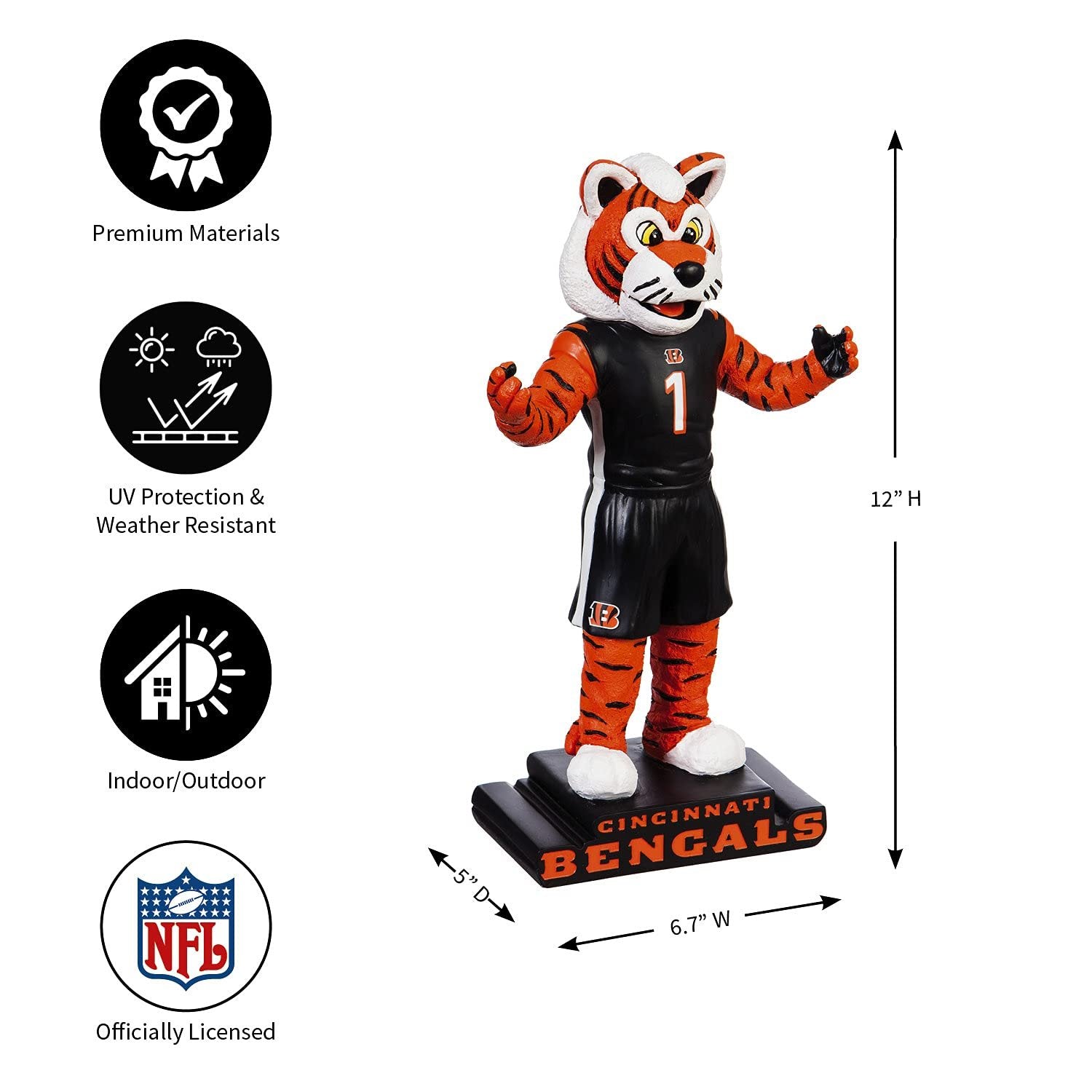 Cincinnati Bengals Team Mascot Garden Statue, Hand Painted Resin, 12 Inch, Indoor Outdoor Decorative Sports Mascot, Officially Licensed