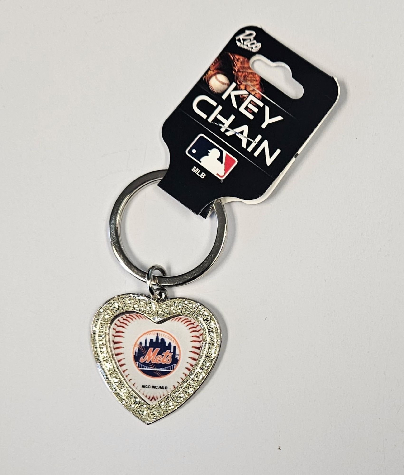 New York Mets Rhinestone Keychain, Heart Shaped, Silver Border, Officially Licensed