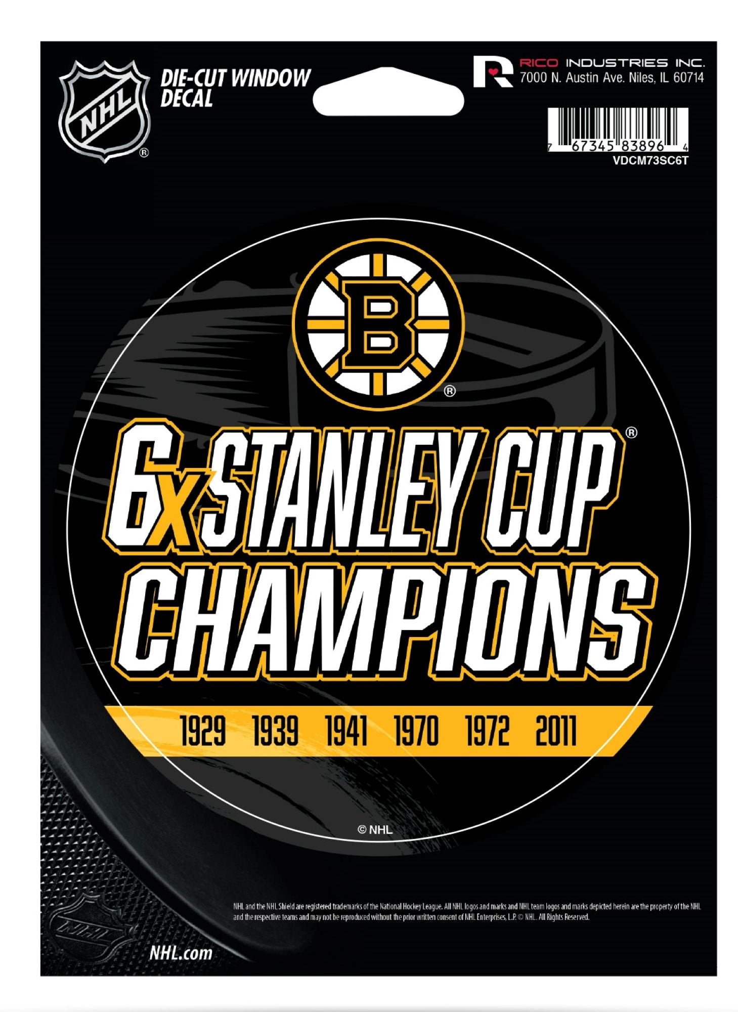 Boston Bruins 5 Inch Die Cut Sticker Decal, 6-Time Champions, Flat Vinyl, Full Adhesive Backing, Peel and Stick Application, Officially Licensed, Made in the USA