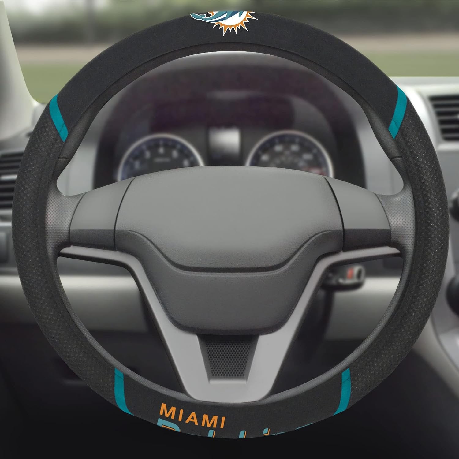 Miami Dolphins Steering Wheel Cover Premium Embroidered Black 15 Inch, Officially Licensed