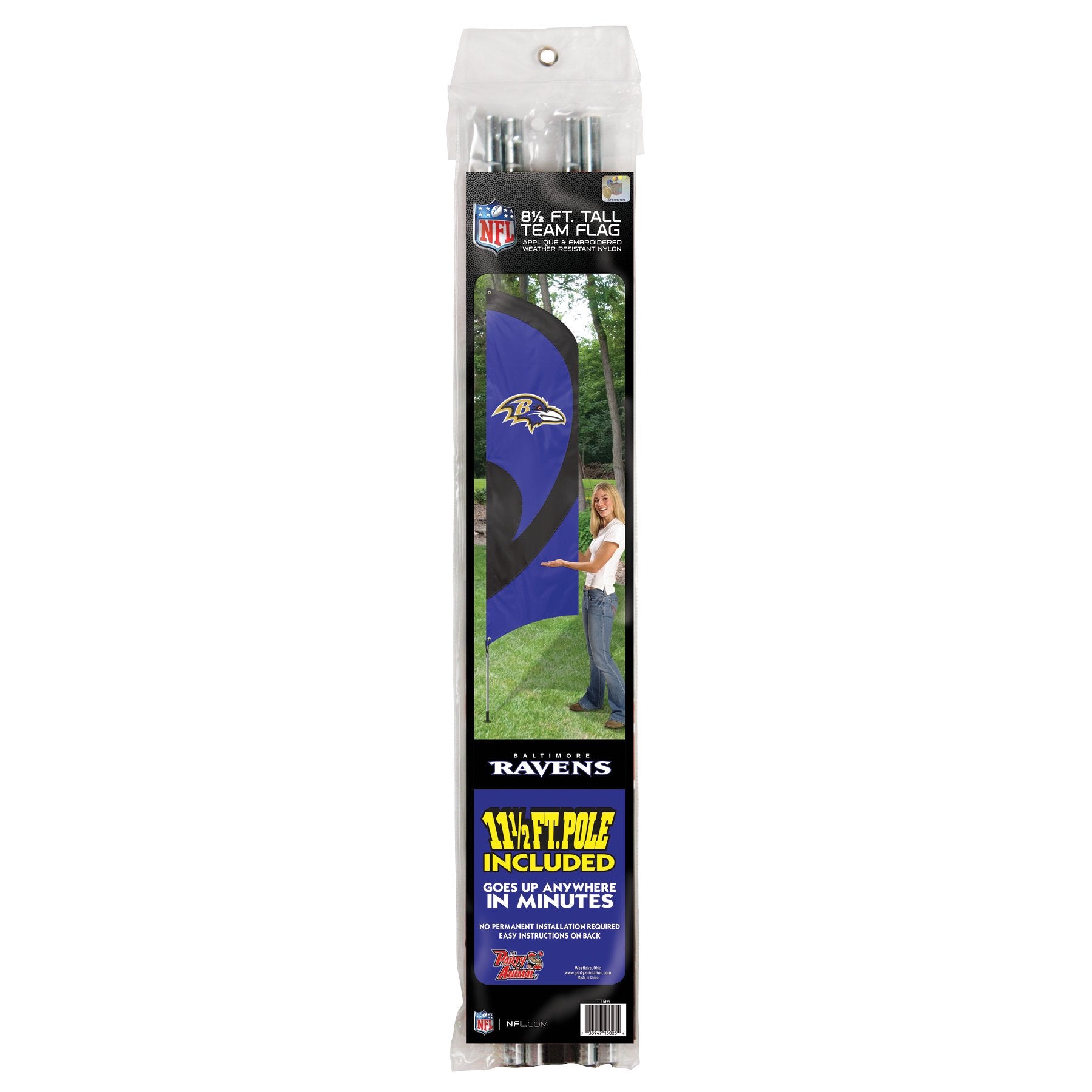 Baltimore Ravens NFL Tall Outdoor Flag Tailgating Banner, 8.5' x 2.5' with 11.5' Steel Pole & Ground Stake, Officially Licensed