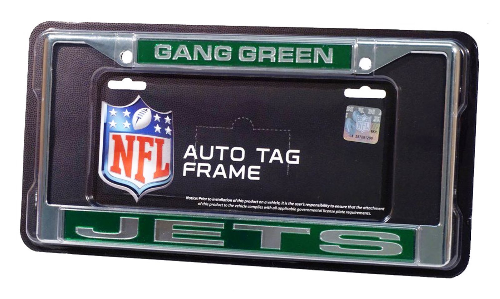 New York Jets Metal License Plate Frame Chrome Tag Cover, Gang Green Design, Laser Acrylic Inserts, 12x6 Inch, Pre-Drilled Holes, Officially Licensed