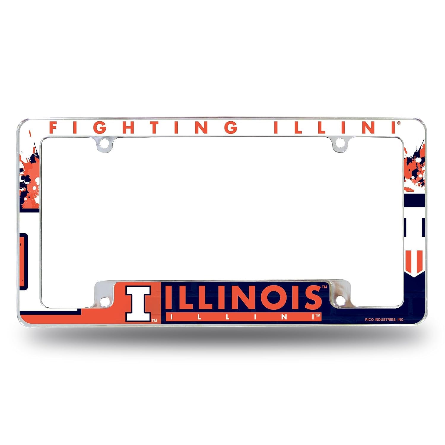 University of Illinois Fighting Illini Chrome Tag Cover Metal License Plate Frame, All Over Design, 12x6 Inch, Pre-Drilled Holes, Officially Licensed