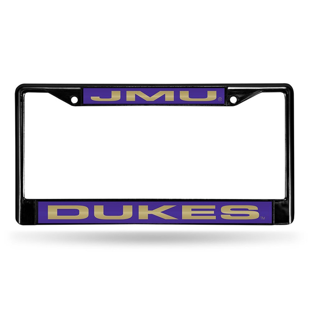 James Madison University Dukes Black Metal License Plate Frame Chrome Tag Cover, Laser Cut Mirrored Acrylic Inserts, 12x6 Inch, Pre-Drilled Holes, Officially Licensed