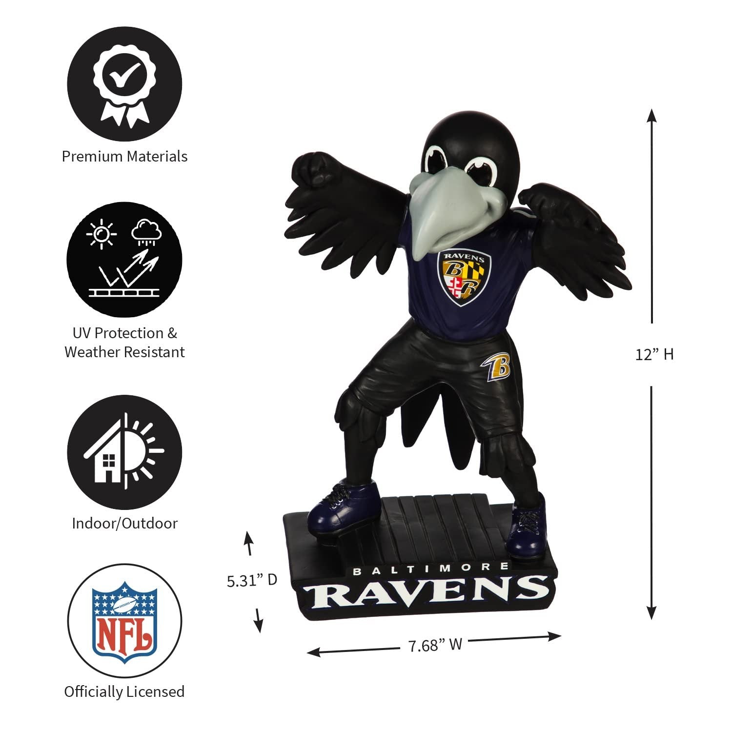 Baltimore Ravens Team Mascot Garden Statue, Hand Painted Resin, 12 Inch, Indoor Outdoor Decorative Sports Mascot, Officially Licensed