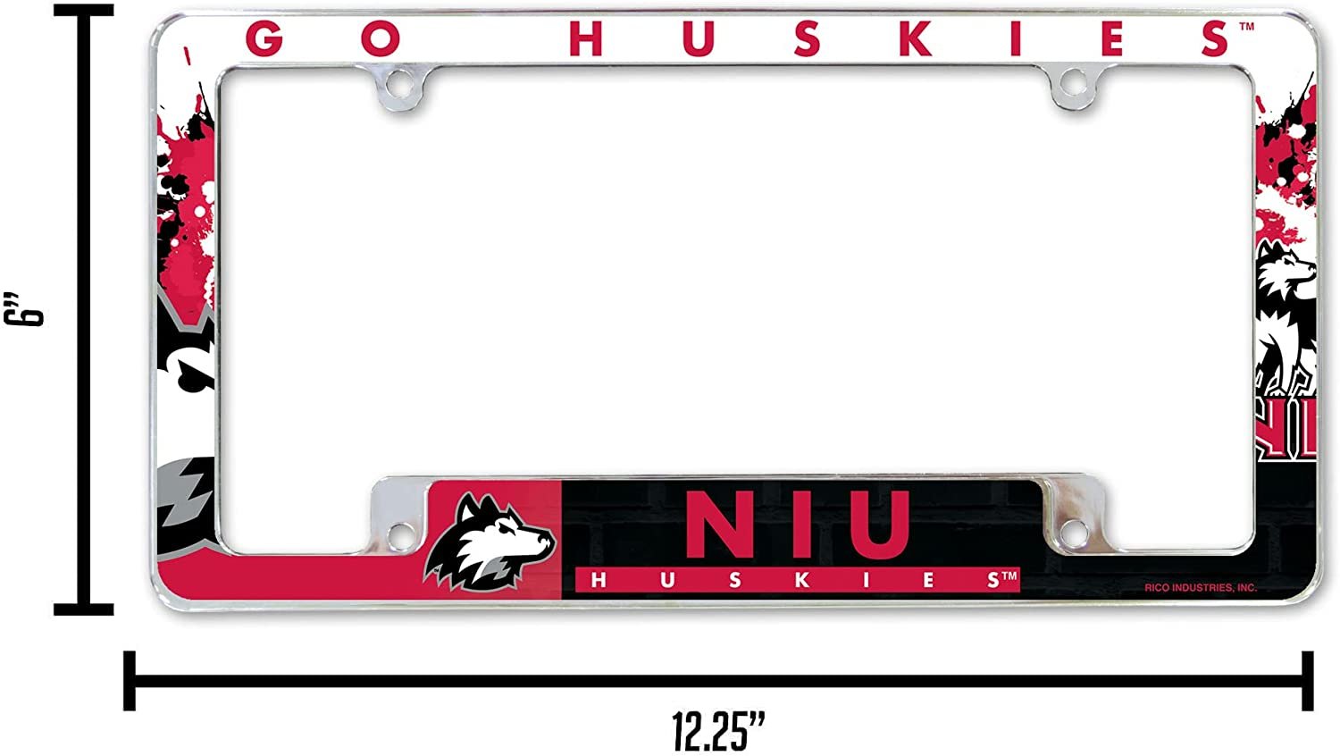 University of Northern Illinois Huskies Metal License Plate Frame Chrome Tag Cover All Over Design 6x12 Inch