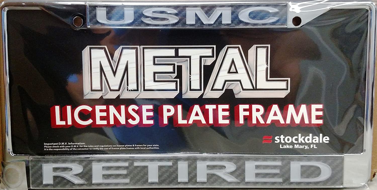 United States Marines Retired Military Chrome Metal License Plate Frame Tag Cover, Laser Acrylic Mirrored Inserts, 12x6 Inch