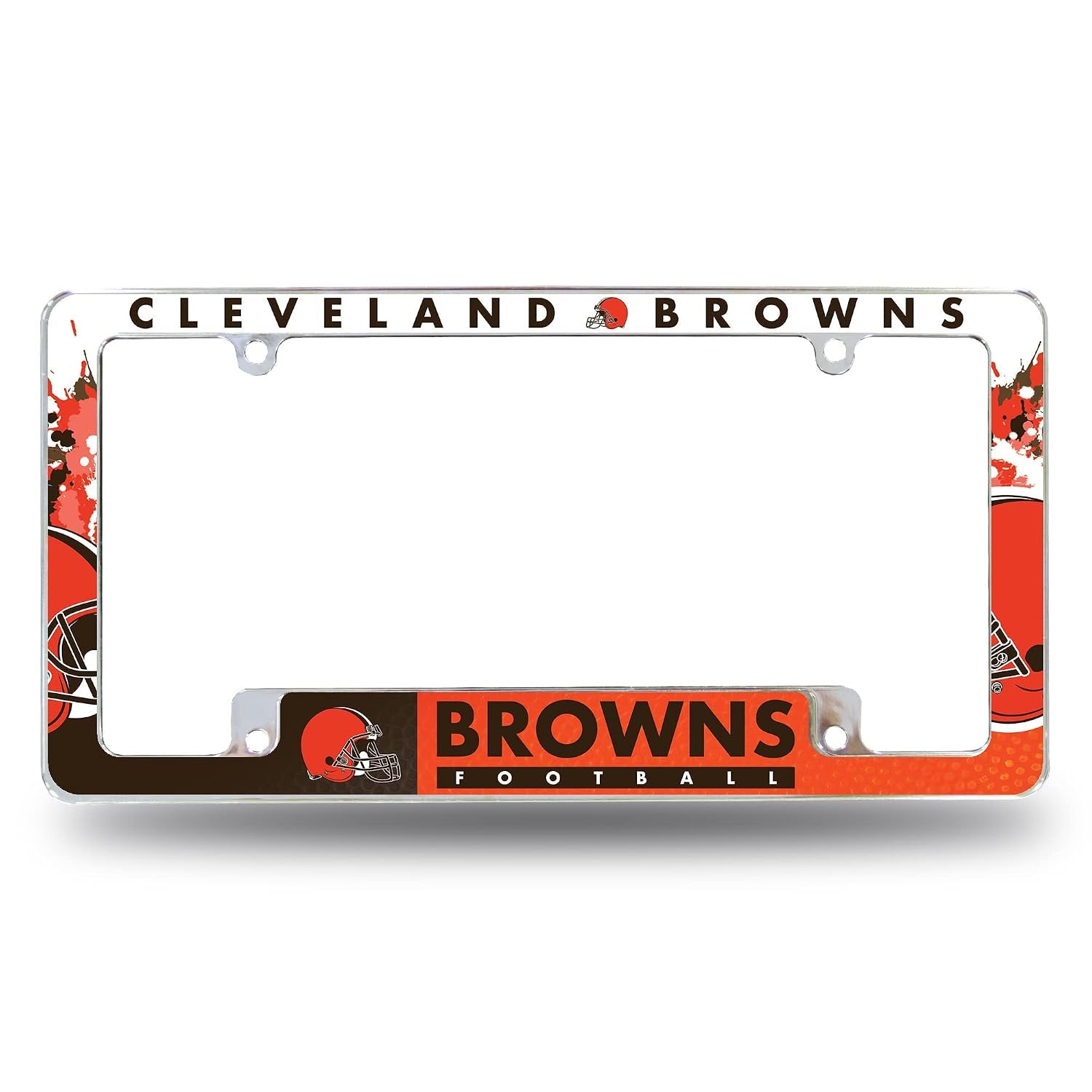 Cleveland Browns Premium Chrome Metal License Plate Frame Tag Cover, All Over Design, 12x6 inch, Pre-Drilled Holes, Officially Licensed