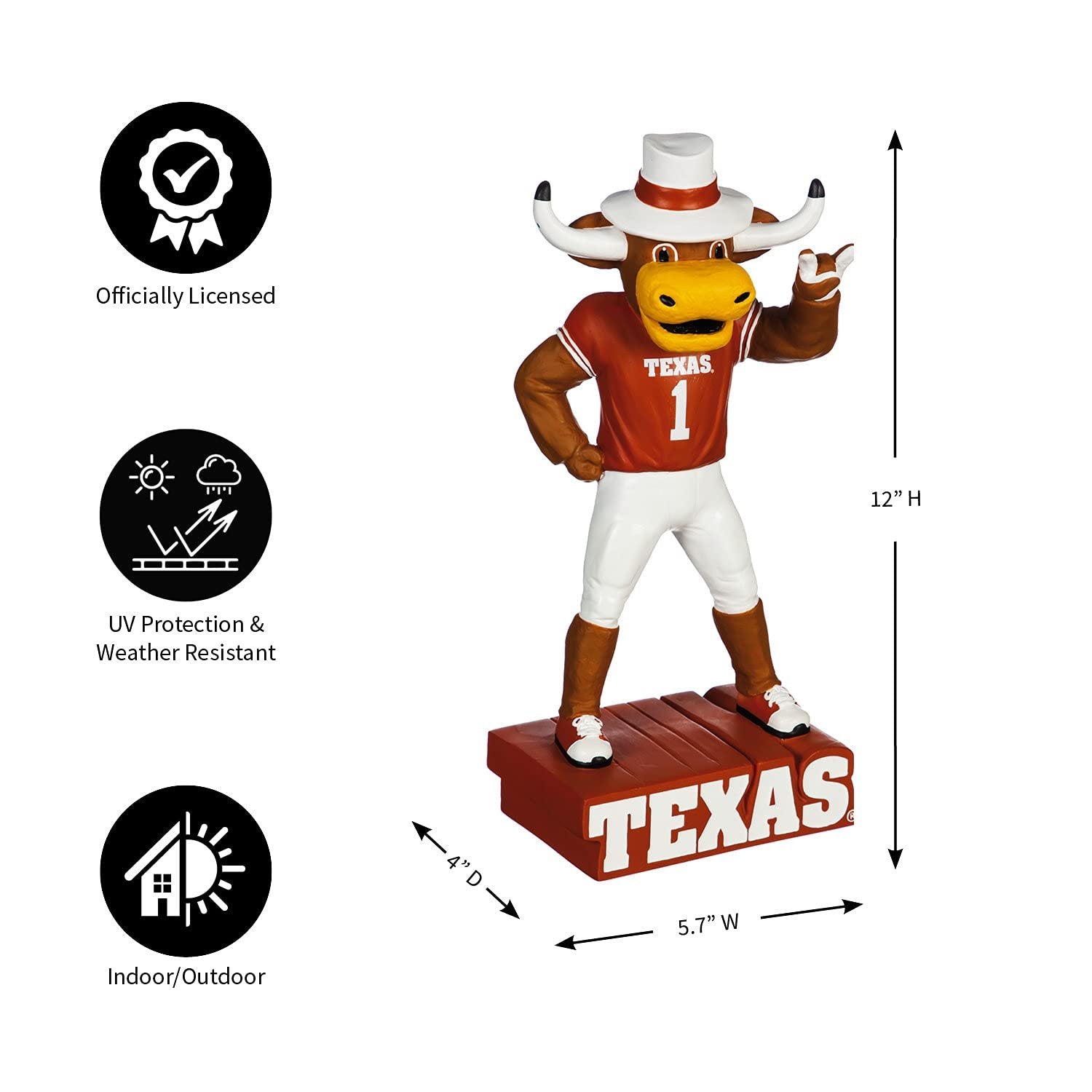 University of Texas Longhorns Team Mascot Garden Statue, Hand Painted Resin, 12 Inch, Indoor Outdoor Decorative Sports Mascot, Officially Licensed
