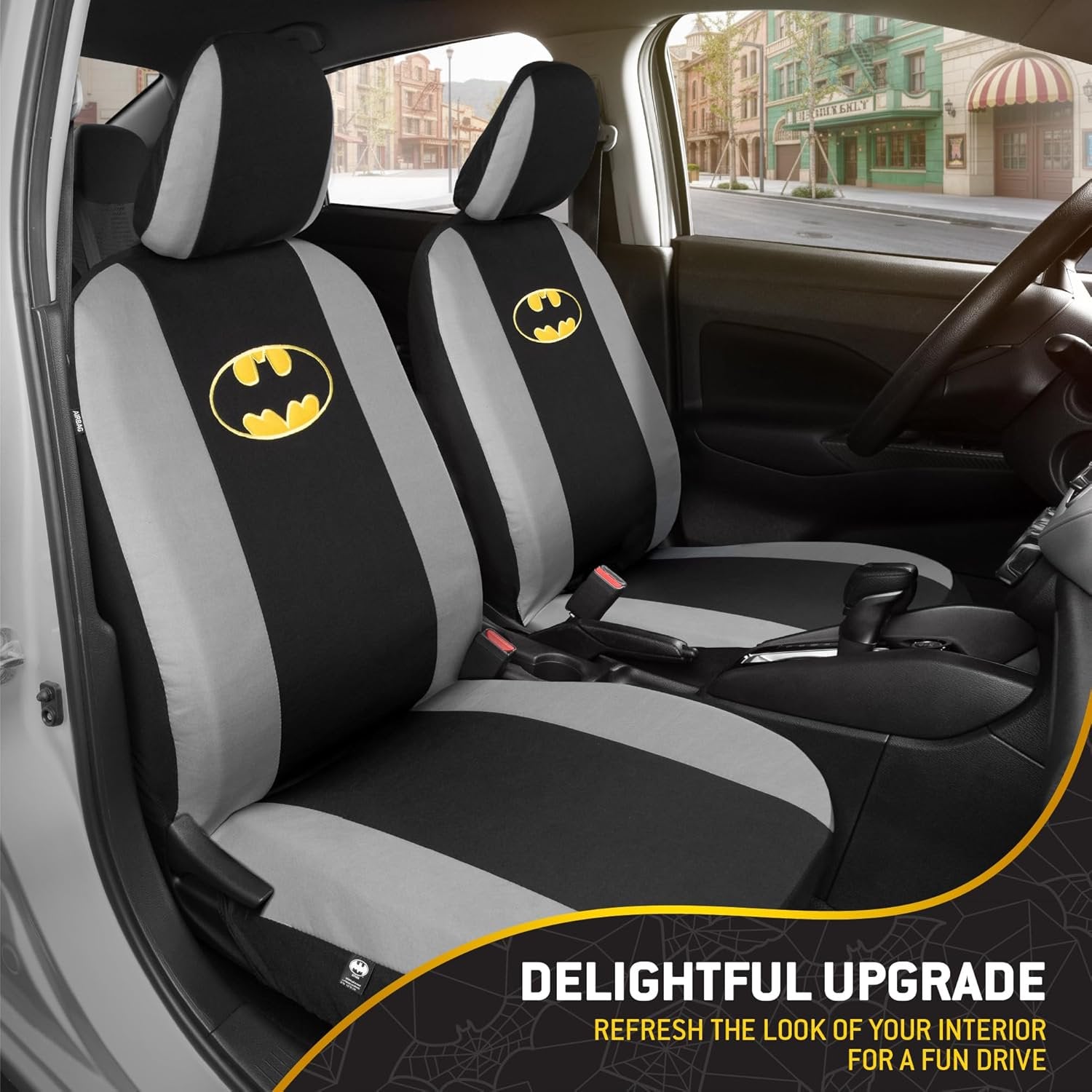 Warner Bros DC Comics Batman Car Accessories 9pc Set, Universal Fit Car Seat Covers and Head Rests with Side Airbag Compatibility, Front & Rear Seats, Officially Licensed