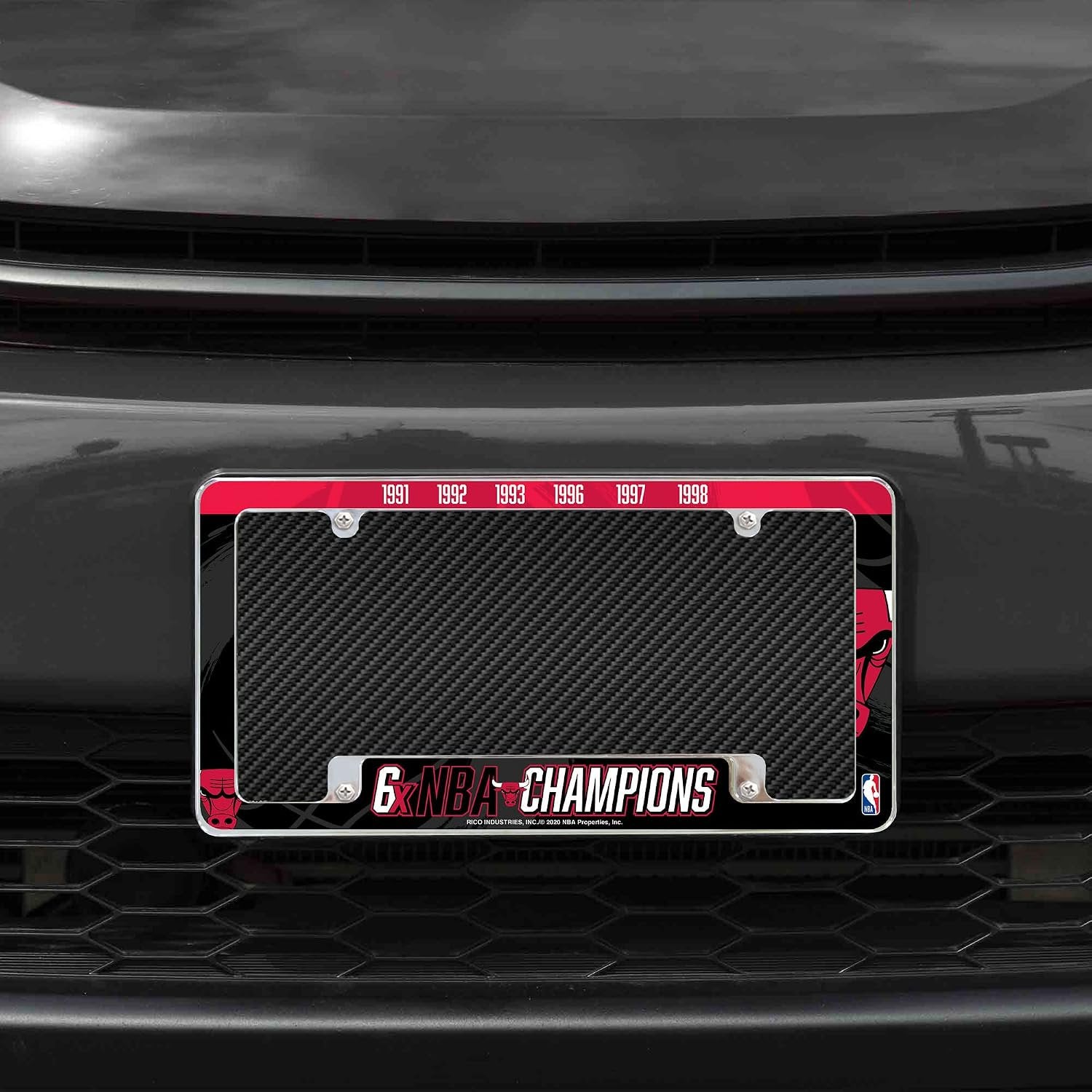 Chicago Bulls 6-Time Champions Premium Metal License Plate Frame Tag Cover, All Over Design, 12x6 inch, Pre-Drilled Holes, Officially Licensed