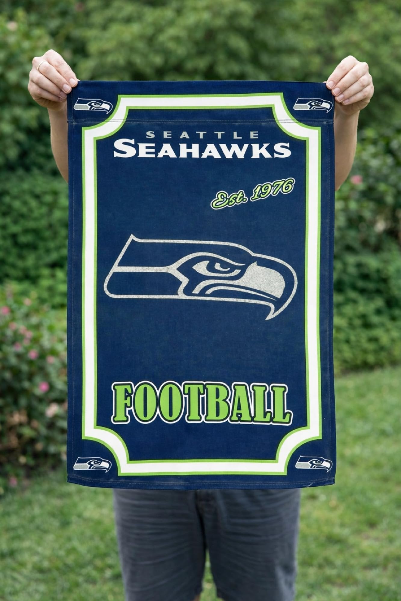 Seattle Seahawks Premium Garden Flag Banner, Double Sided, Suede, Established Design with Glitter Styling, 13x18 Inch, Officially Licensed