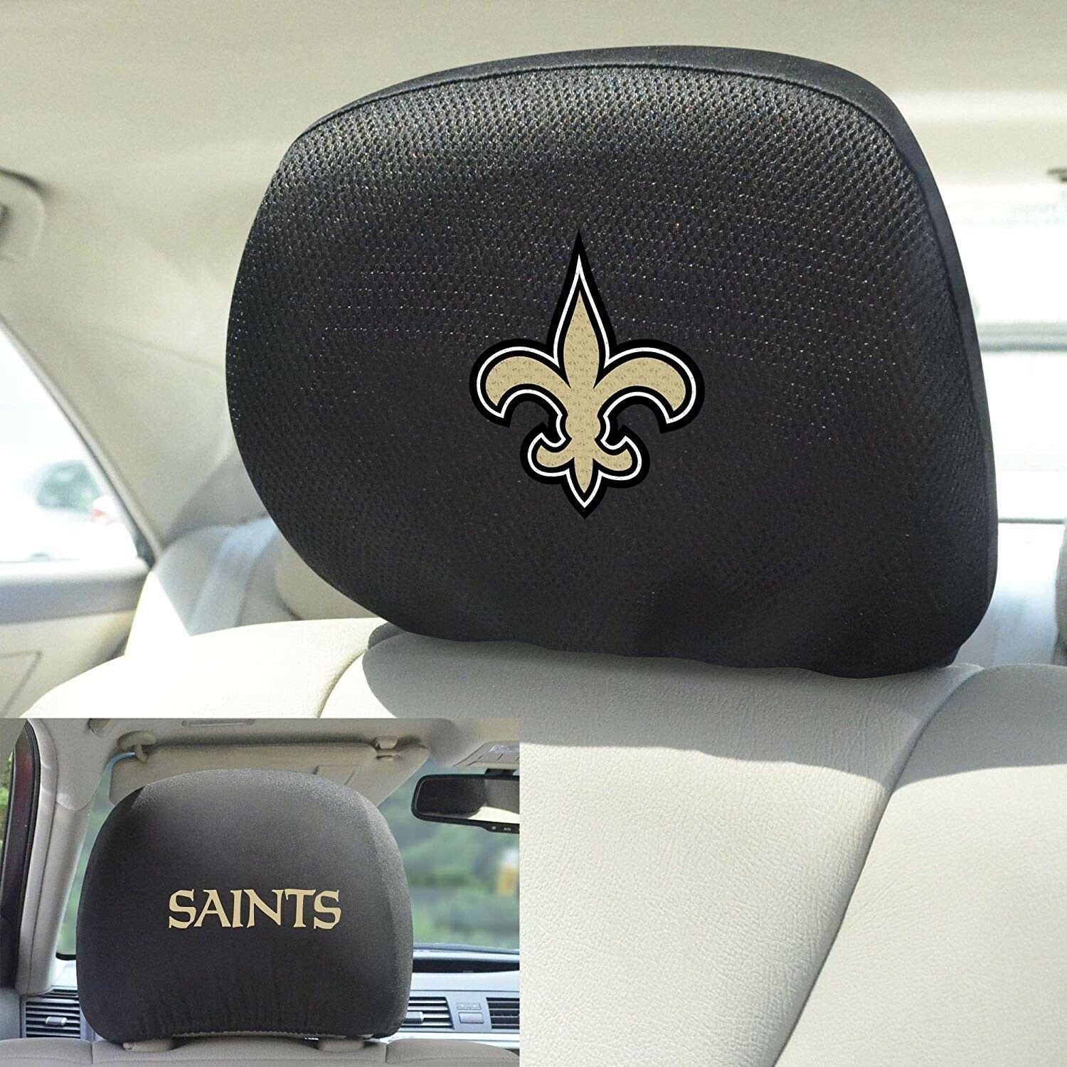 New Orleans Saints Pair of Premium Auto Head Rest Covers, Embroidered, Black Elastic, 14x10 Inch