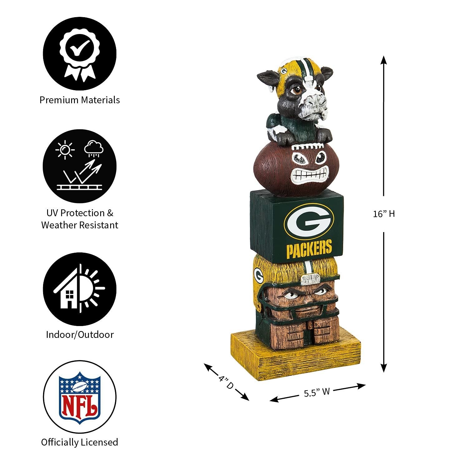 Green Bay Packers Tiki Totem Garden Statue, Hand Painted Resin, 16 Inch, Indoor Outdoor Decor, Officially Licensed