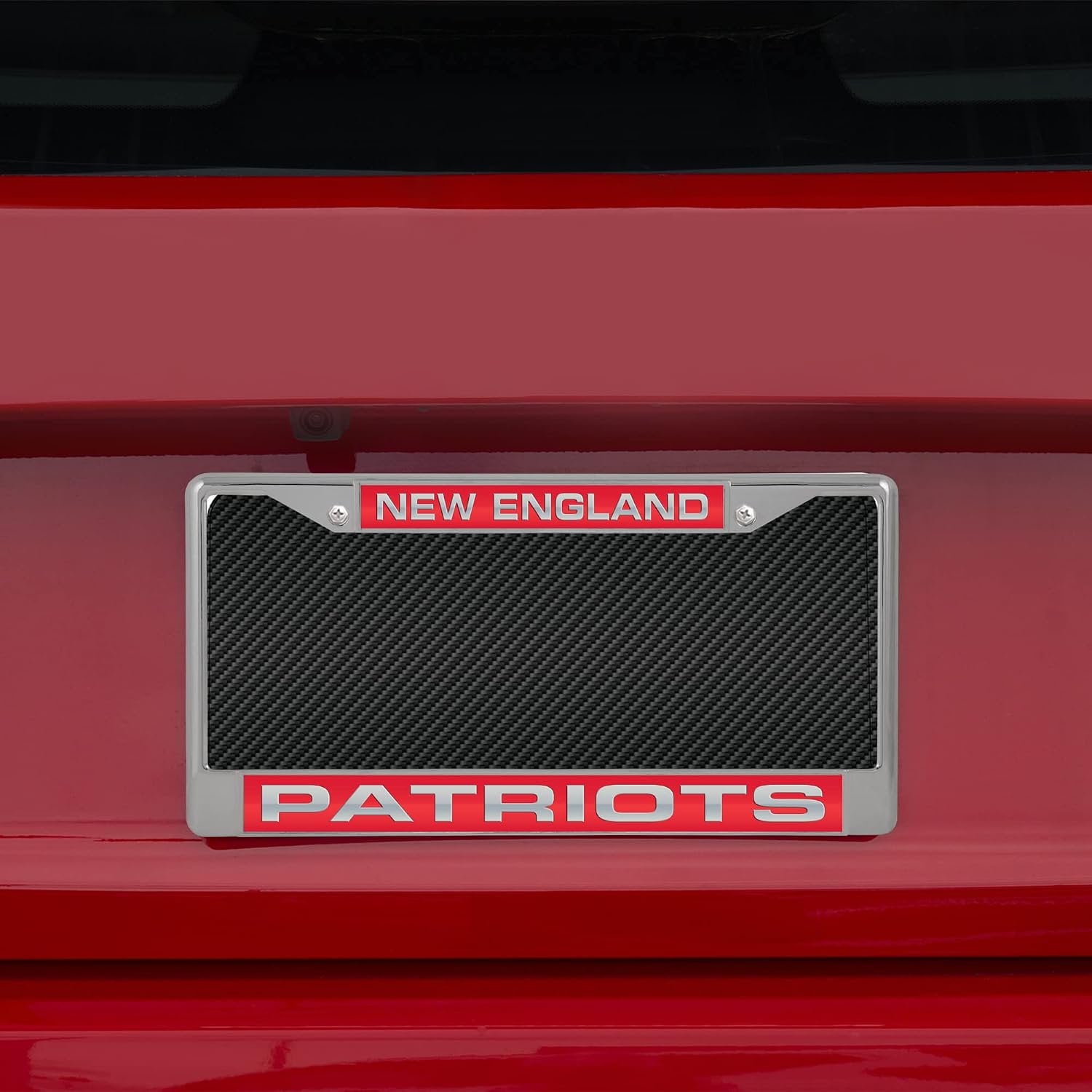 New England Patriots Metal License Plate Frame Chrome Tag Cover, Laser Acrylic Mirrored Inserts, 12x6 Inch