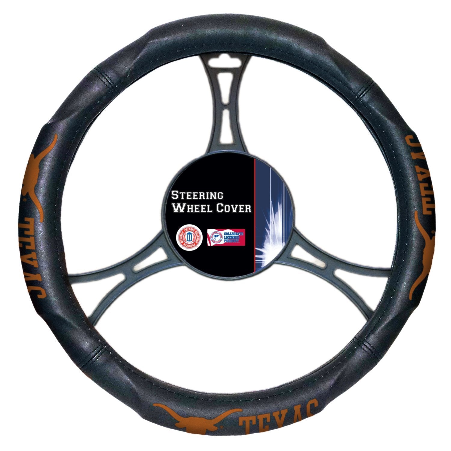 University of Texas Longhorns Premium Black Steering Wheel Cover, Rubber Grip, 15 Inch