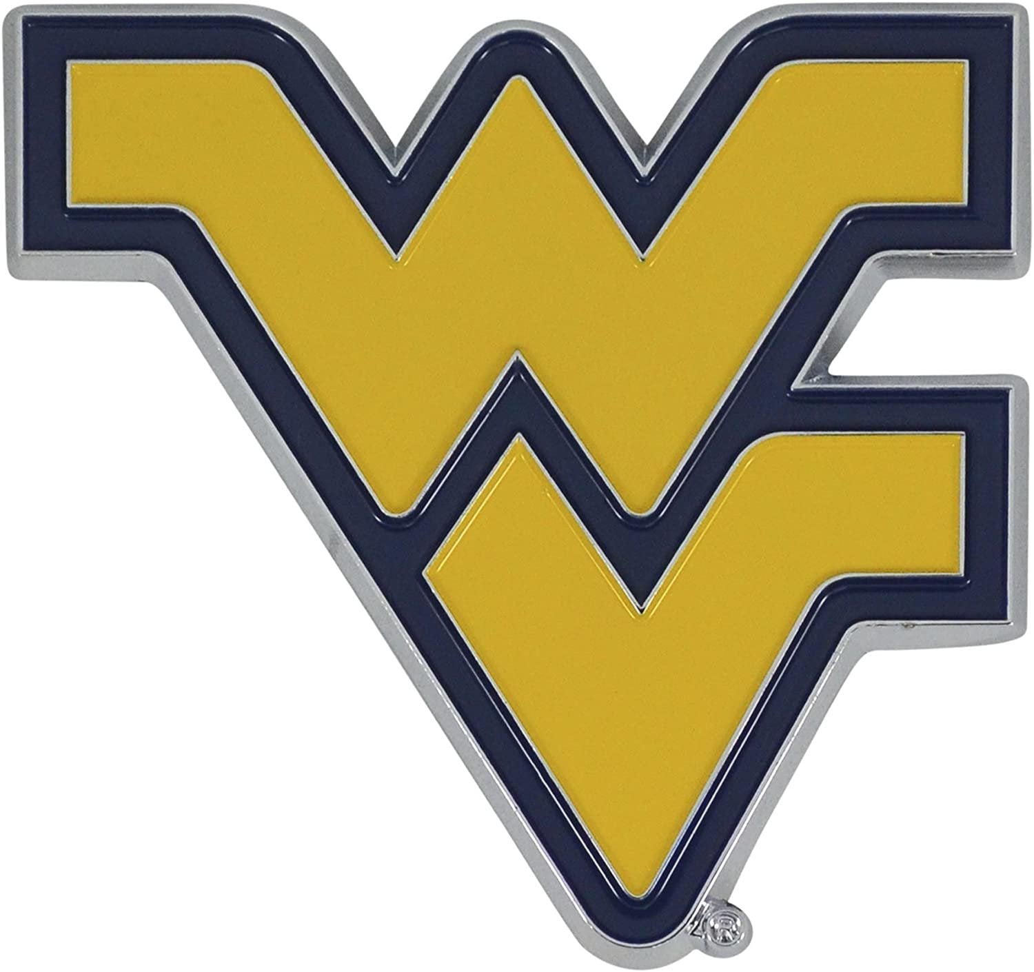 West Virginia University Mountaineers Premium Solid Metal Raised Auto Emblem, Team Color, Shape Cut, Adhesive Backing