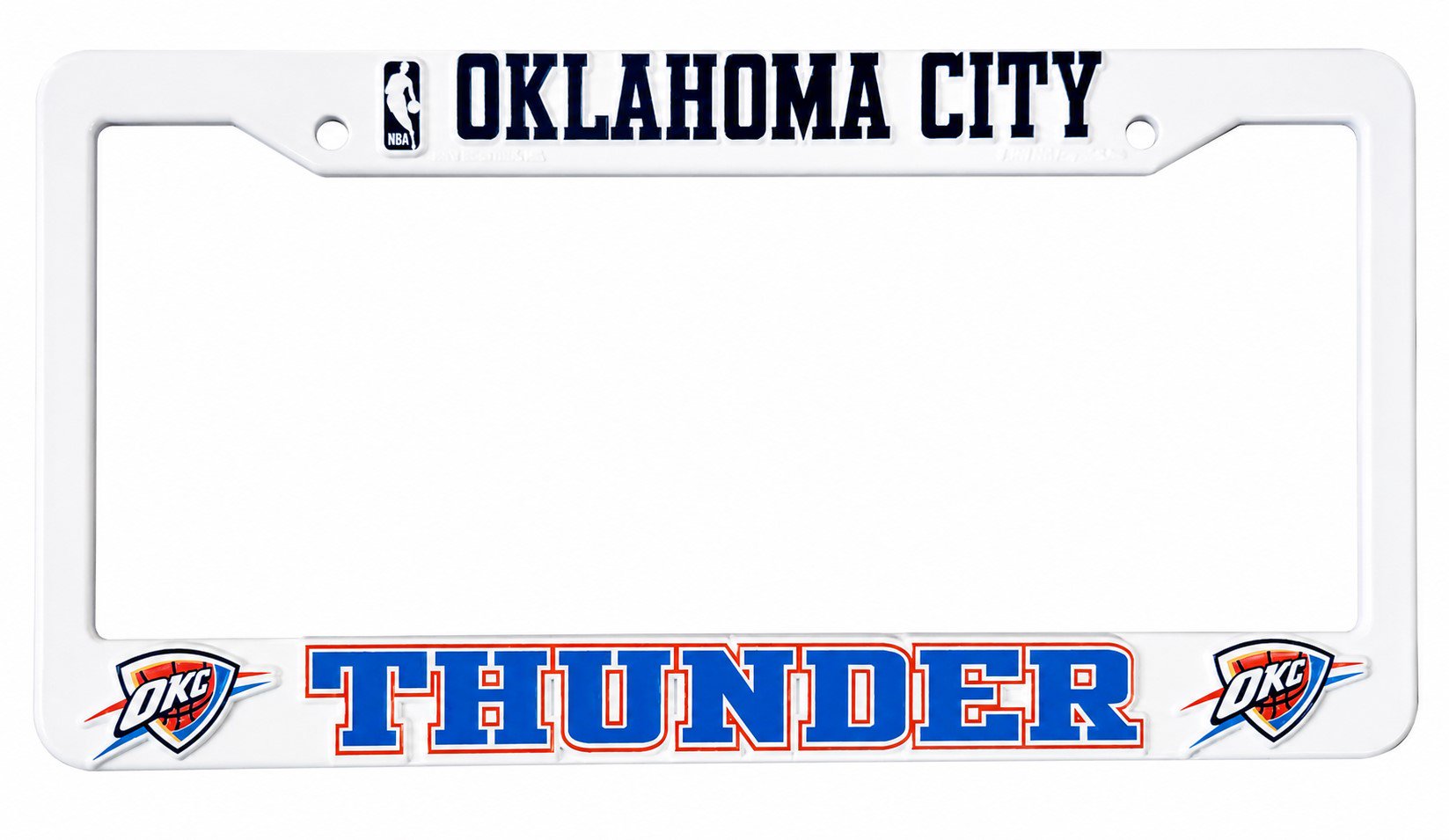 Oklahoma City Thunder License Plate Frame Tag Cover, White Plastic, 12x6 Inch, Officially Licensed