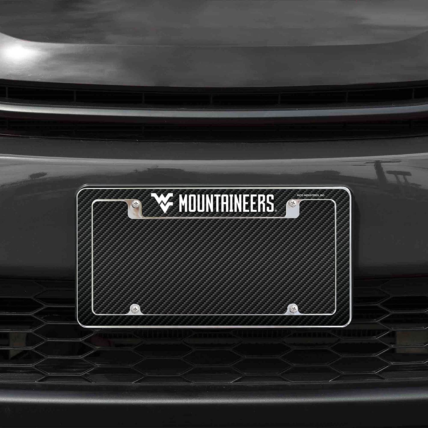 West Virginia University Mountaineers Metal License Plate Frame Chrome Tag Cover Carbon Fiber Design 6x12 Inch