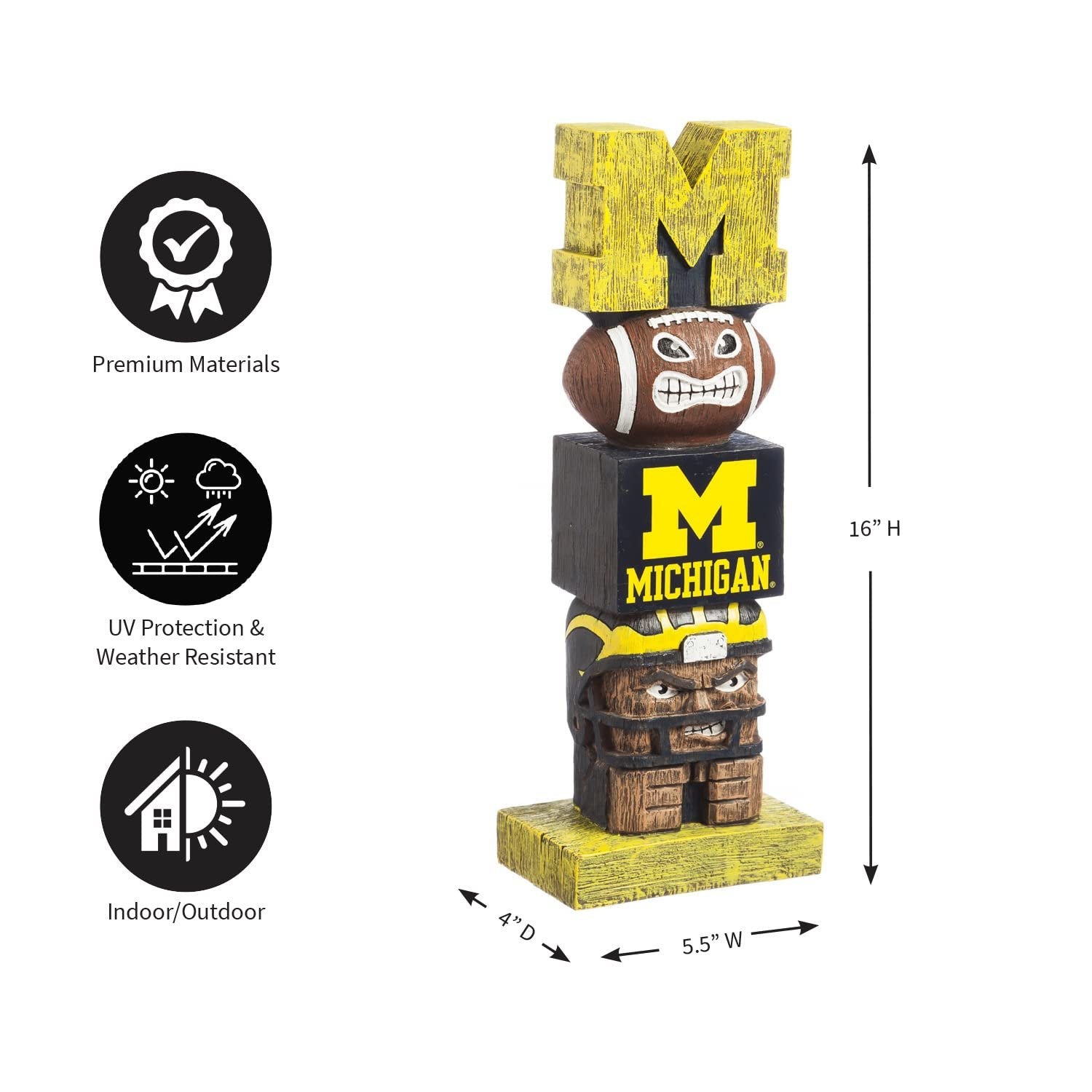 University of Michigan Wolverines Tiki Totem Garden Statue, Hand Painted Resin, 16 Inch, Indoor Outdoor Decor, Officially Licensed