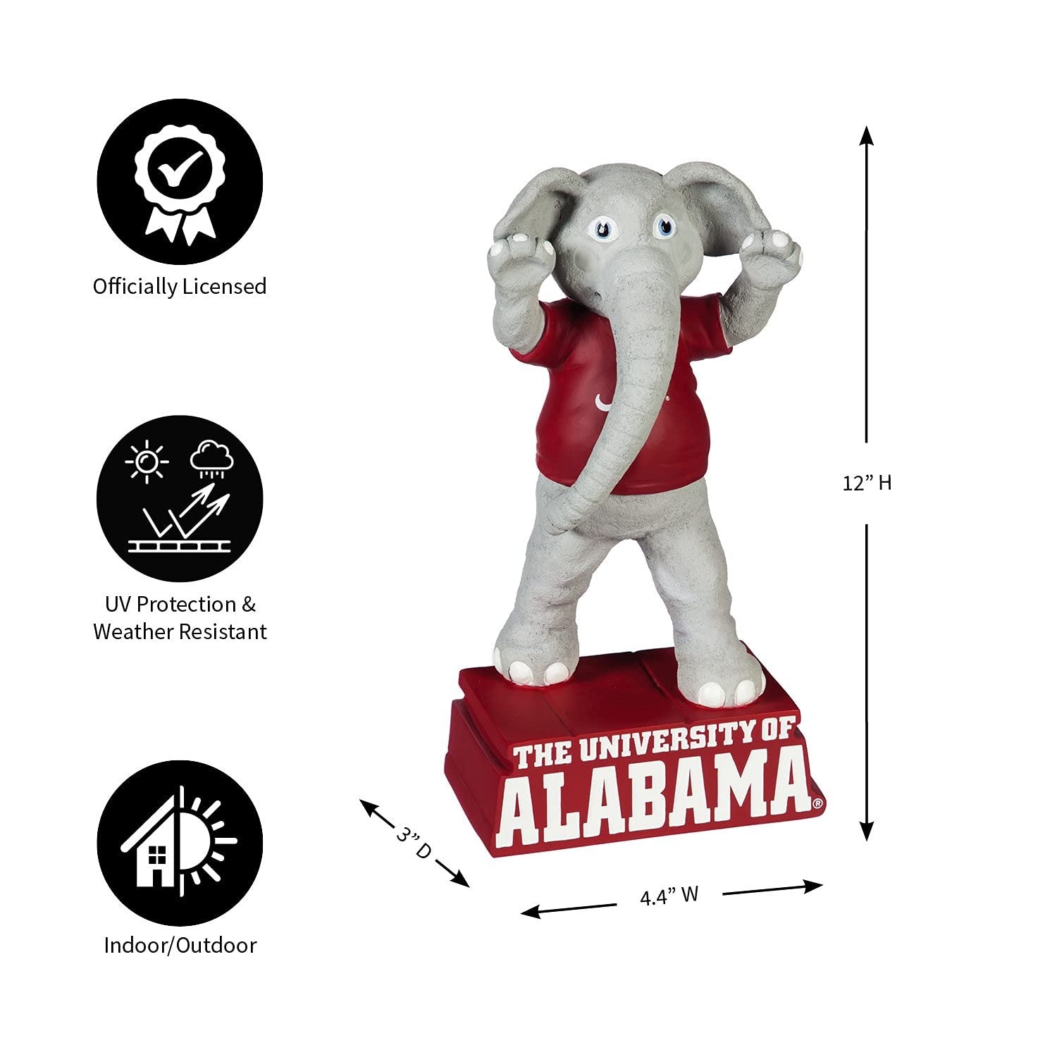 University of Alabama Crimson Tide Team Mascot Garden Statue, Hand Painted Resin, 12 Inch, Indoor Outdoor Decorative Sports Mascot, Officially Licensed