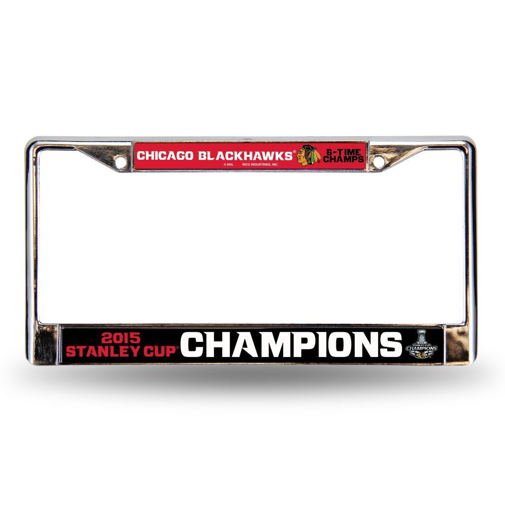 Chicago Blackhawks 2015 Champions Premium Metal License Plate Frame Tag Cover, Standard Design, 12x6 inch, Pre-Drilled Holes, Officially Licensed