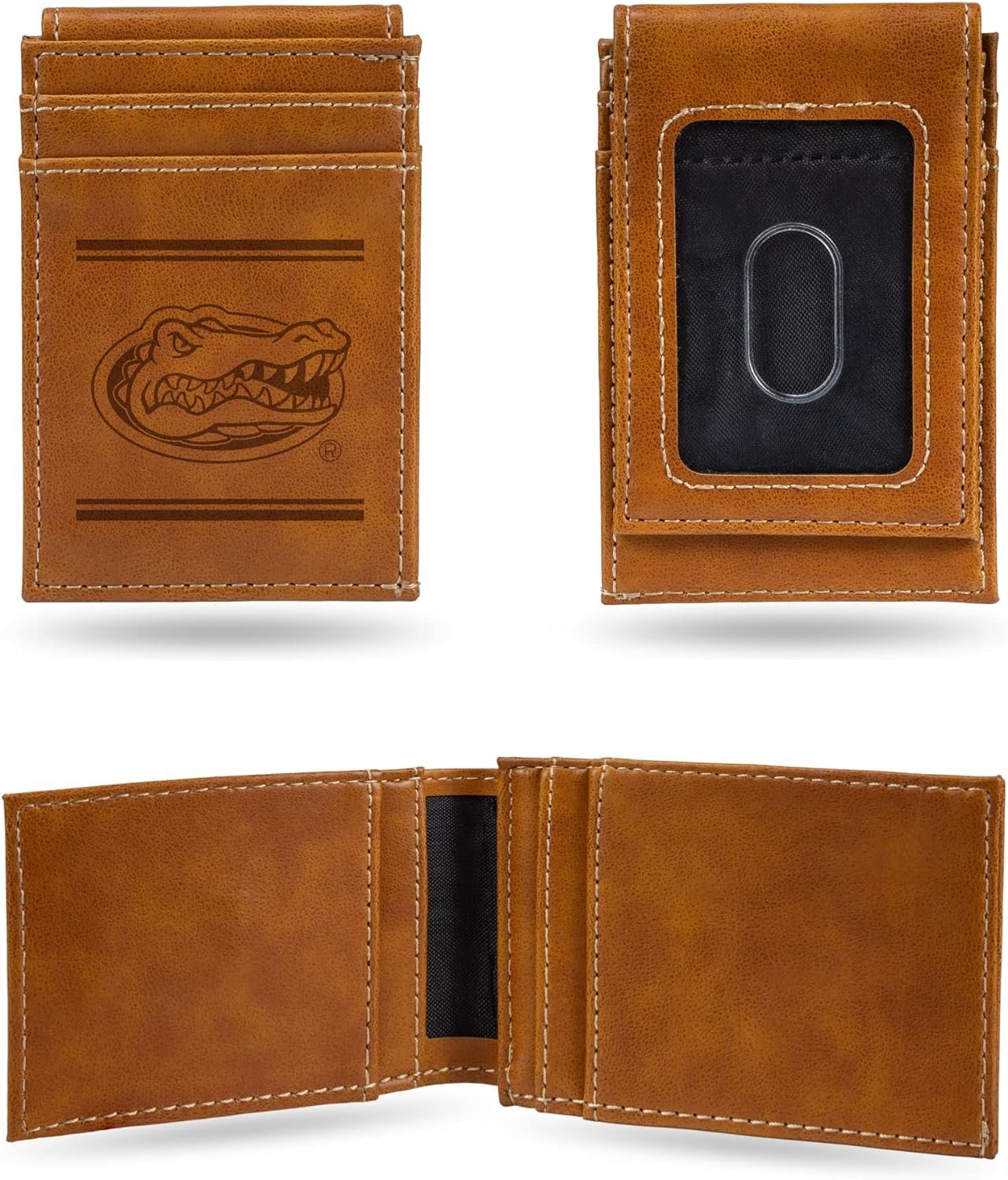 NCAA University of Florida Gators Men’s Front ID Pocket Brown Wallet- Premium 8 Pocket Laser-Engraved Team Logo on Vegan Leather- Minimalist Design, Credit Card Holder- Ideal for Travel or Men’s Gift