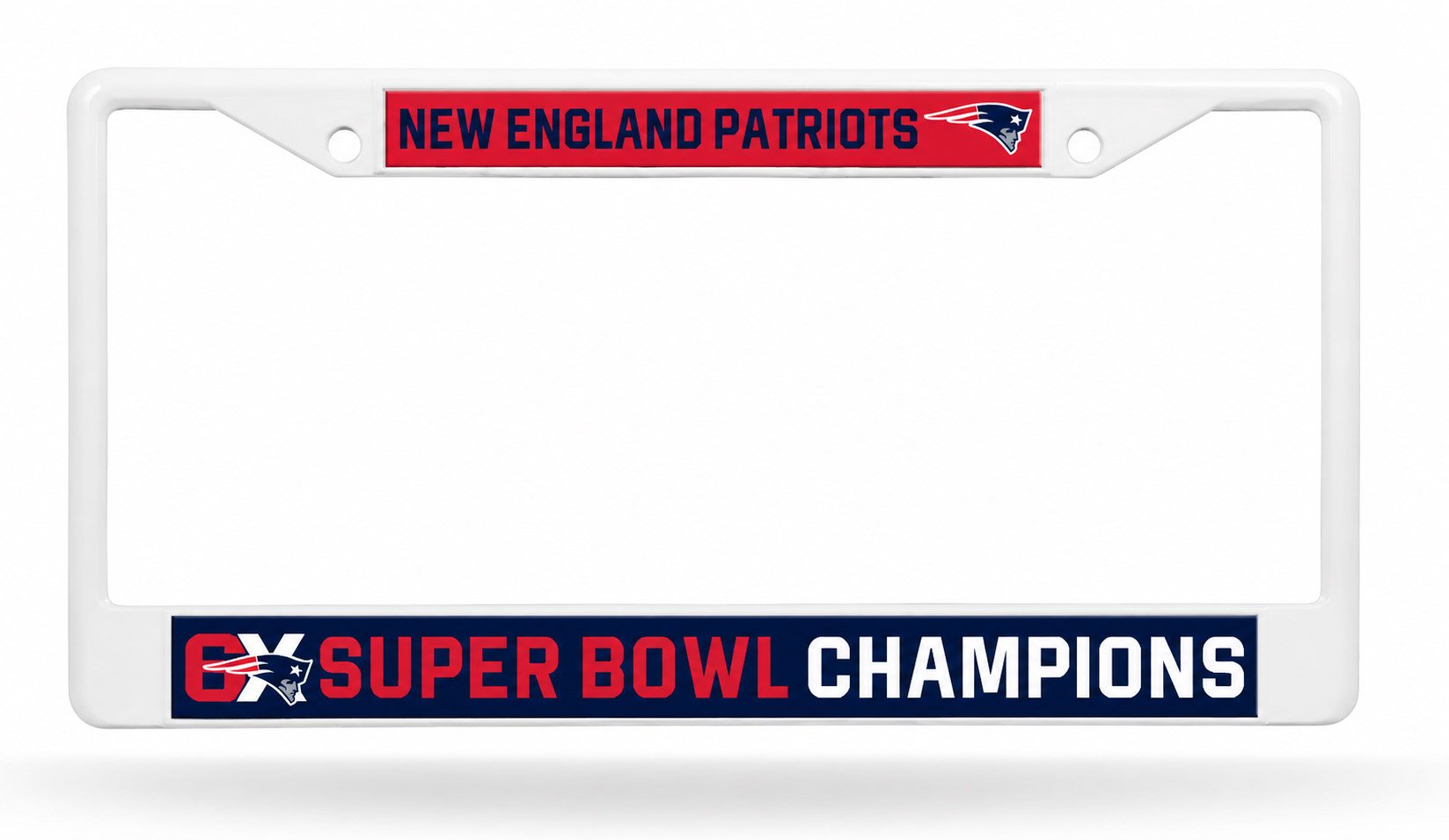 New England Patriots License Plate Frame Tag Cover, 6-Time Champions, White Plastic, 12x6 Inch, Officially Licensed