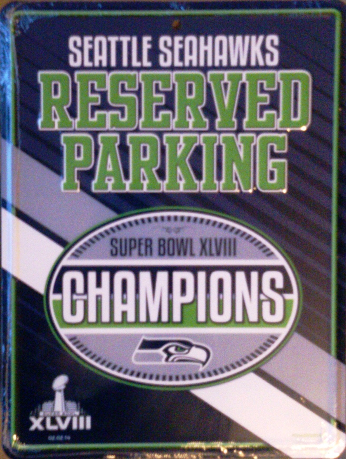 Seattle Seahawks 2014 Super Bowl XLVIII Champions Premium Metal Wall Parking Sign, 8.5x11 Inch, Great for Man Cave, Bed Room, Office, Home Decor, Officially Licensed