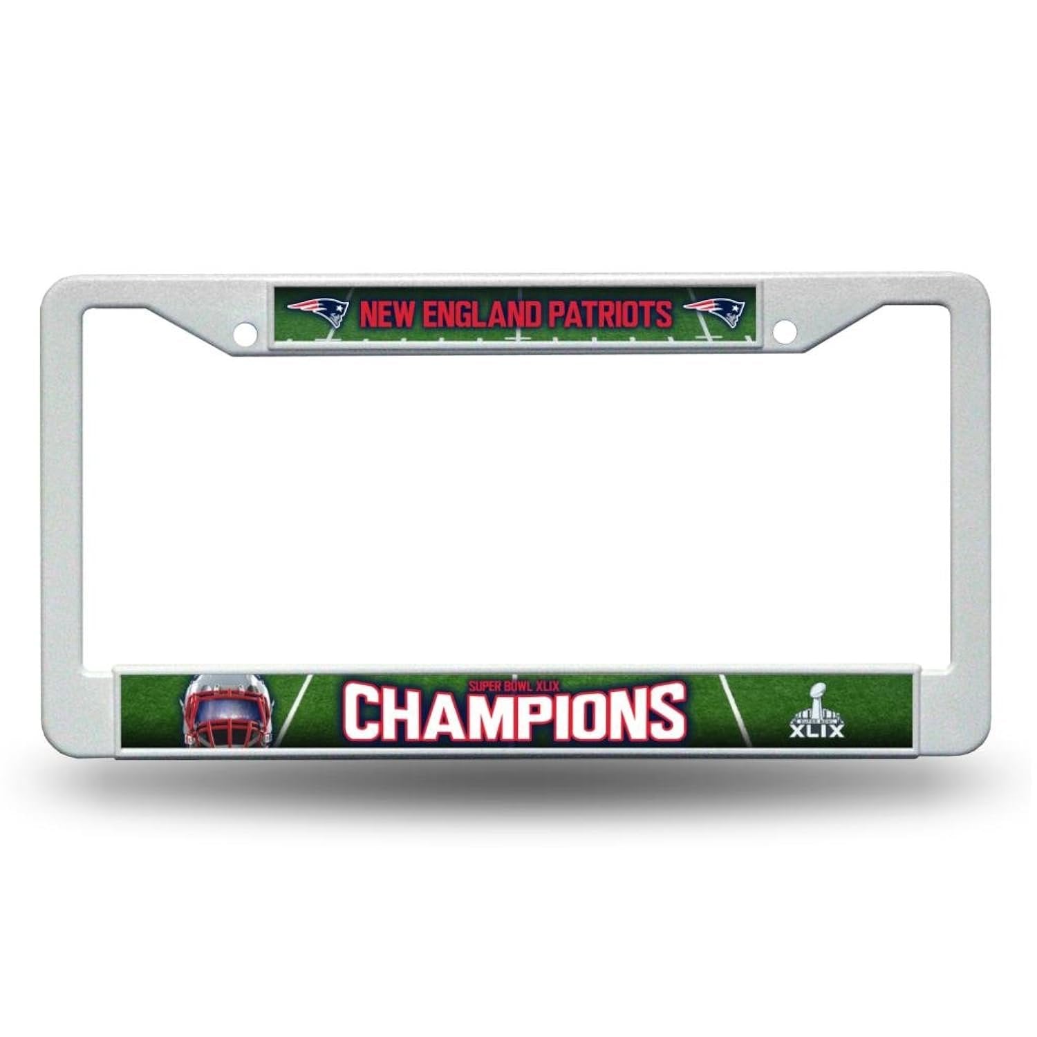 New England Patriots License Plate Frame Tag Cover, Super Bowl XLIX Champions, White Plastic, 12x6 Inch, Officially Licensed
