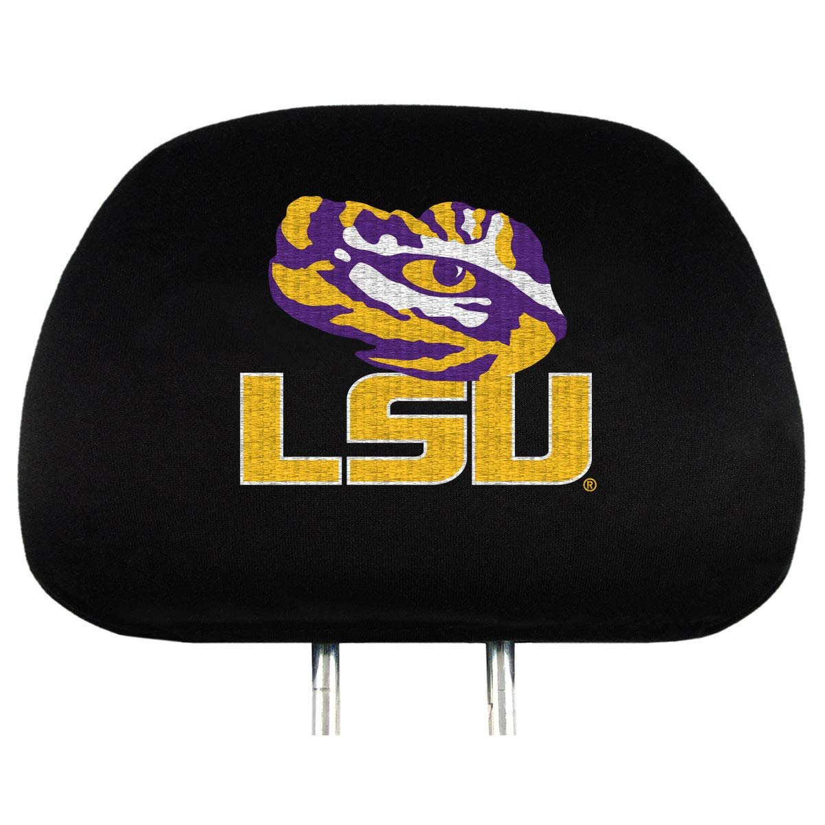 Louisiana State University Tigers LSU Pair of Premium Auto Head Rest Covers, Embroidered, Black Elastic, 14x10 Inch