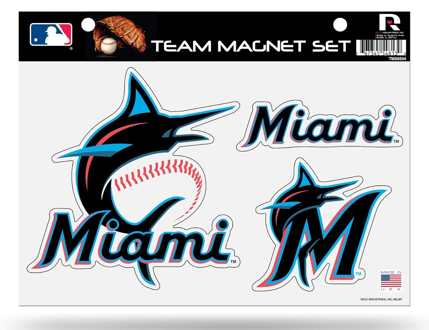 Miami Marlins Team Magnet Set, 3-Piece, Die Cut, 8.5x11 Inch, Heavy Duty for Home or Auto Use, Officially Licensed