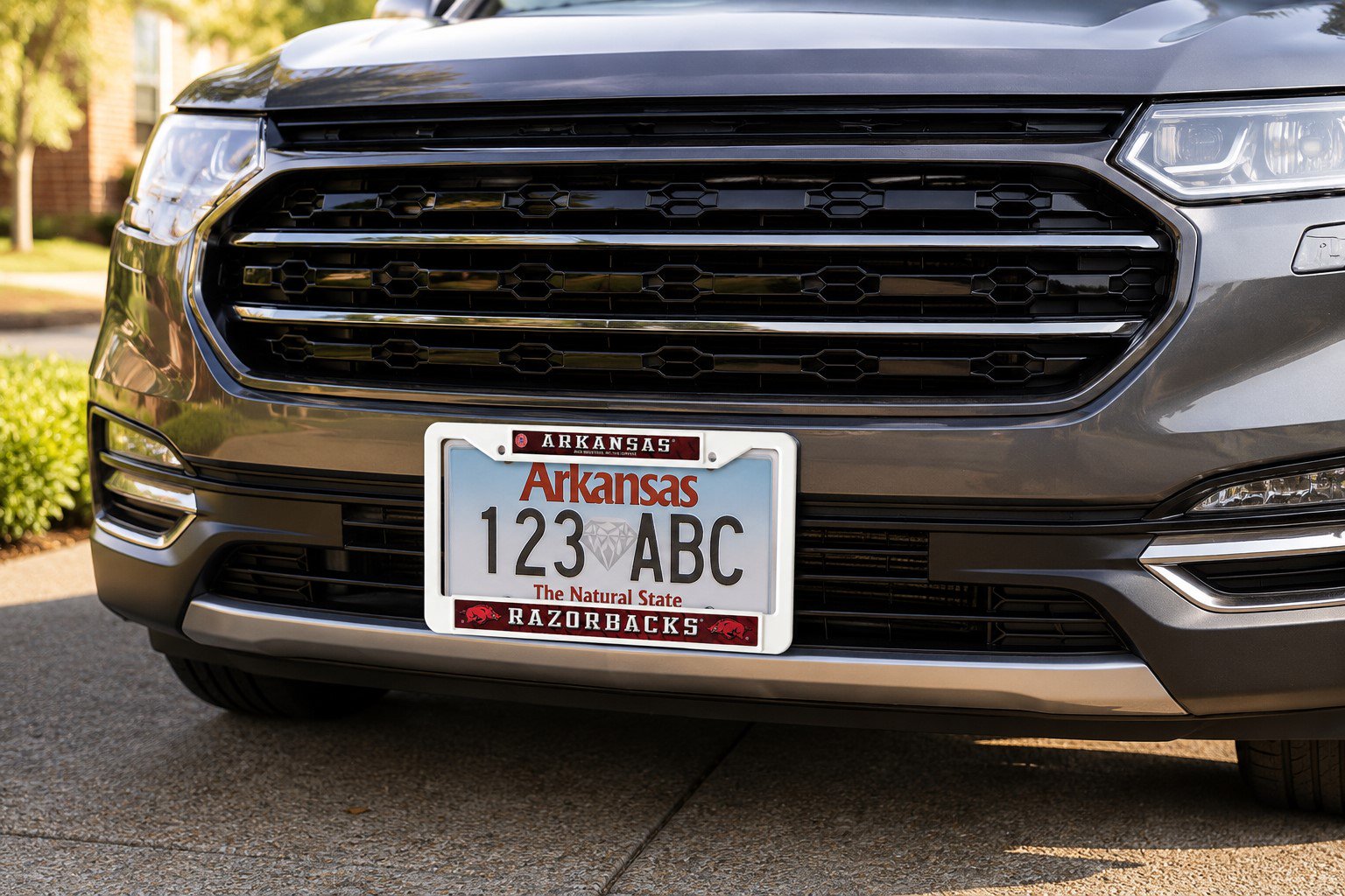 University of Arkansas Razorbacks License Plate Frame Tag Cover, White Plastic, 12x6 Inch, Pre-Drilled Holes, Officially Licensed