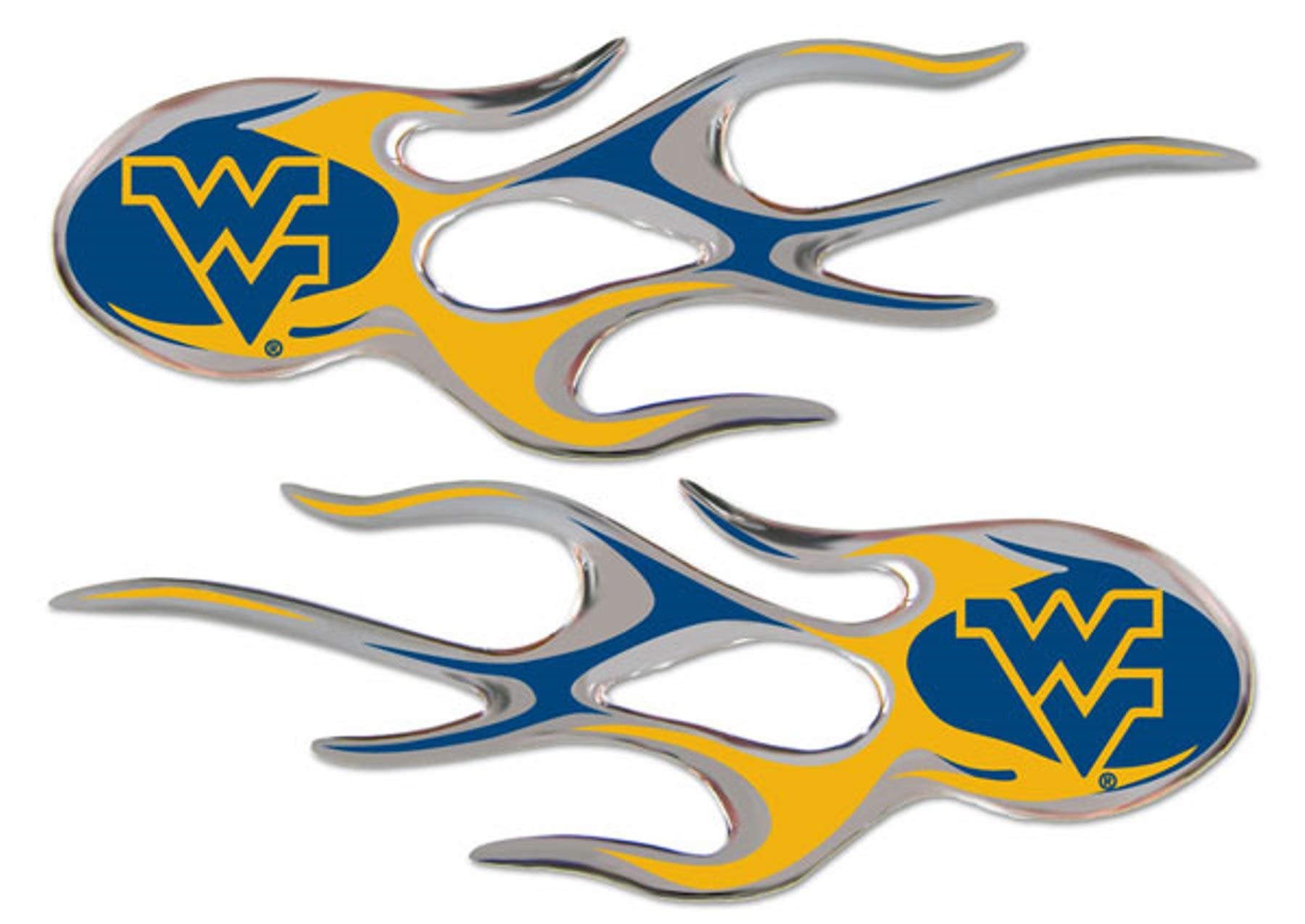 West Virginia University Mountaineers 2-Piece Sticker Decal Set, Micro Flame Design, Drip Molded Raised Plastic Construction, 5x2 Inch each, Officially Licensed, Made in the USA
