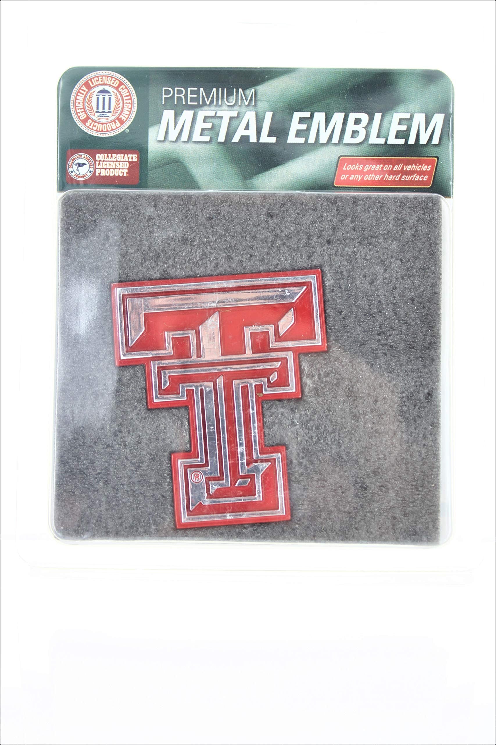 Texas Tech University Red Raiders Ultra Premium Solid Metal Auto Emblem, Raised Die Cut, Red Accent, Adhesive Backing, Officially Licensed