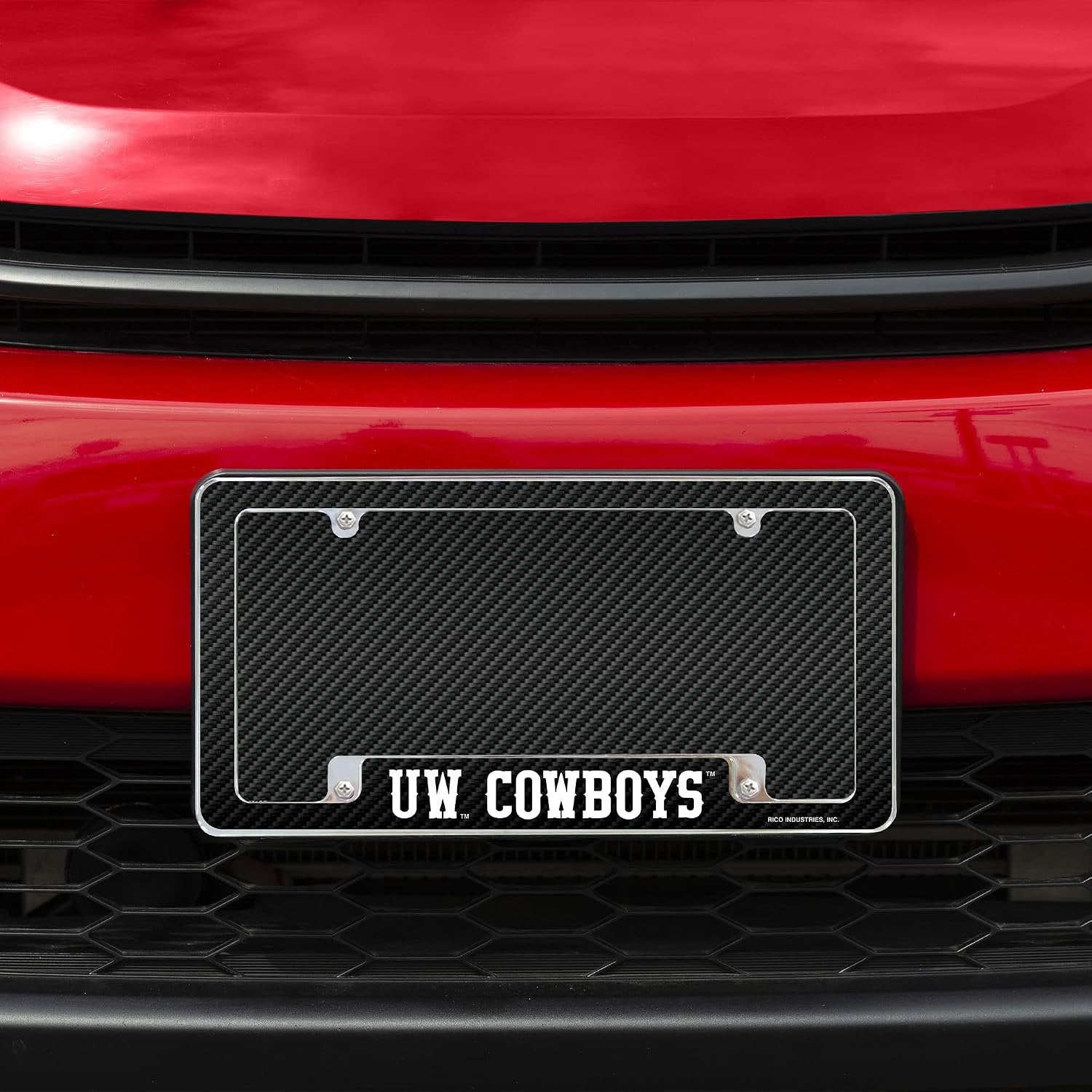 University of Wyoming Cowboys Premium Metal License Plate Frame Tag Cover, Carbon Fiber Design, 12x6 inch, Pre-Drilled Holes, Officially Licensed, Made in the USA