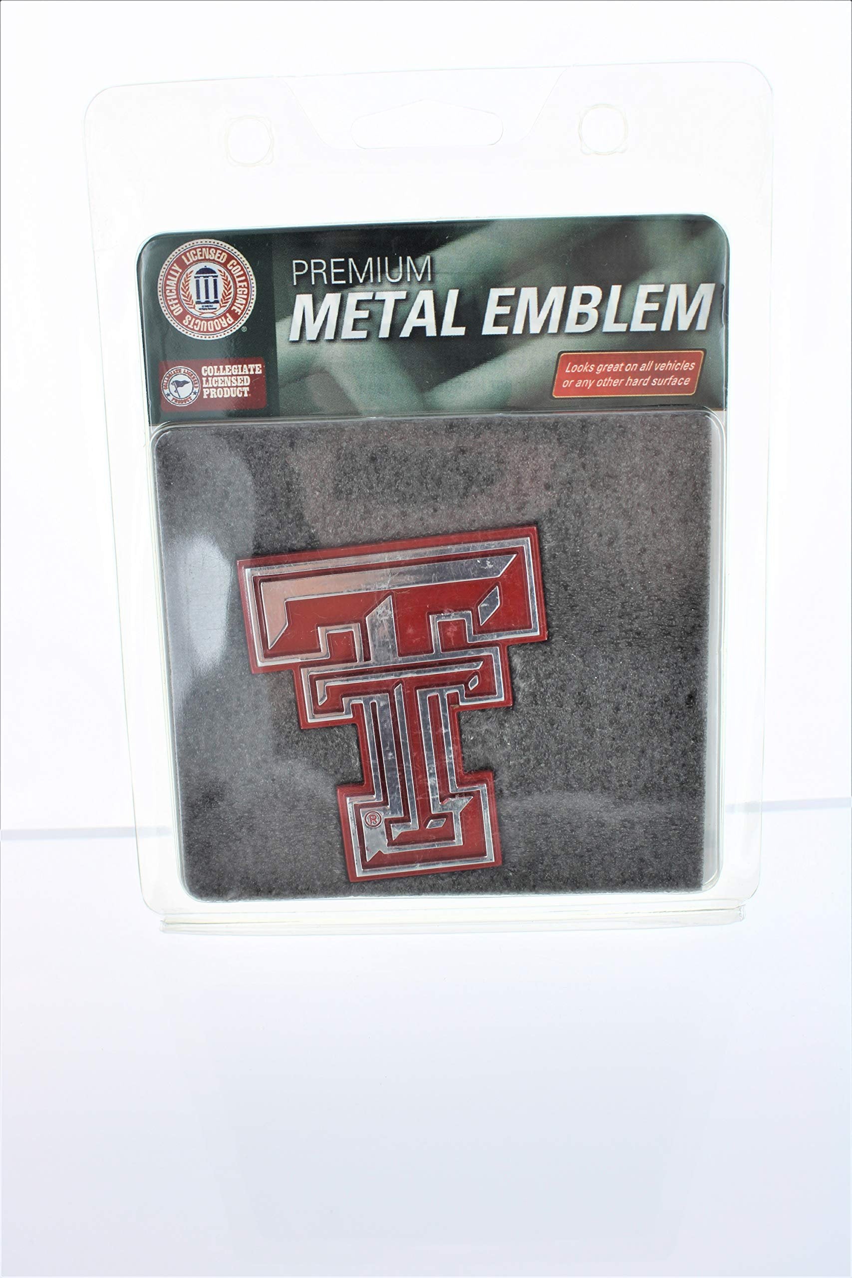 Texas Tech University Red Raiders Ultra Premium Solid Metal Auto Emblem, Raised Die Cut, Red Accent, Adhesive Backing, Officially Licensed